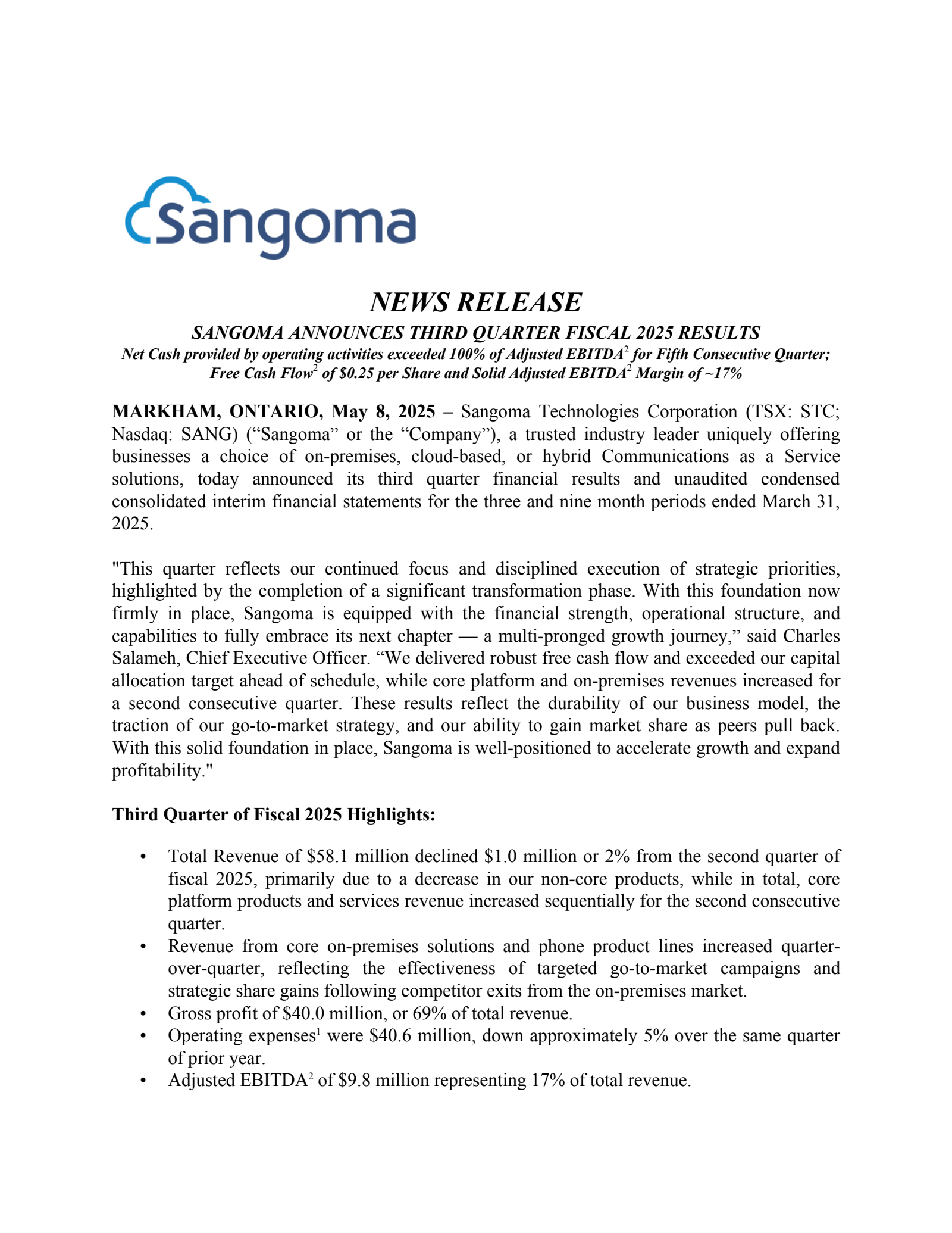 Sangoma Technologies' Q3 2025 Press Release