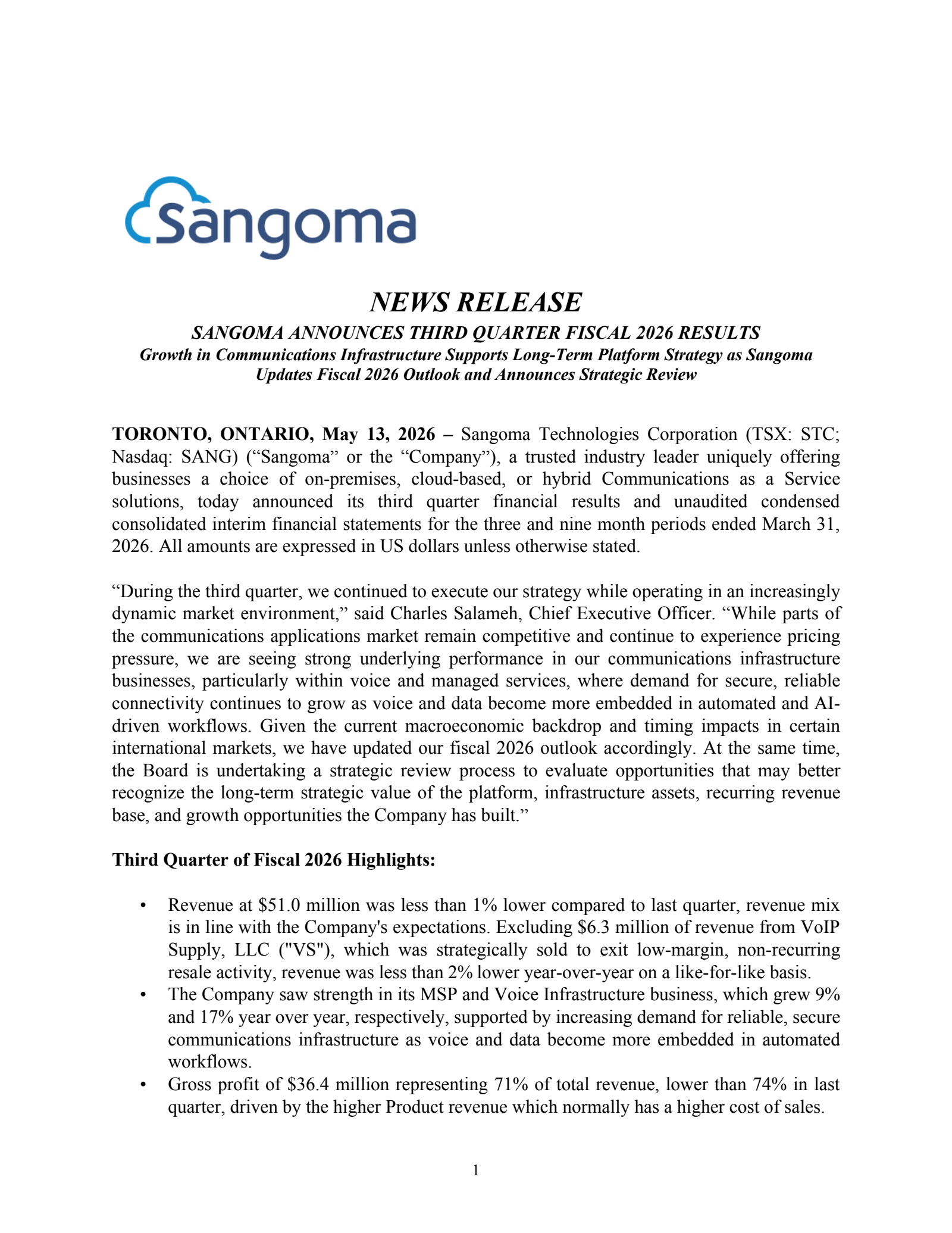 Sangoma Technologies' Q3 2026 Press Release