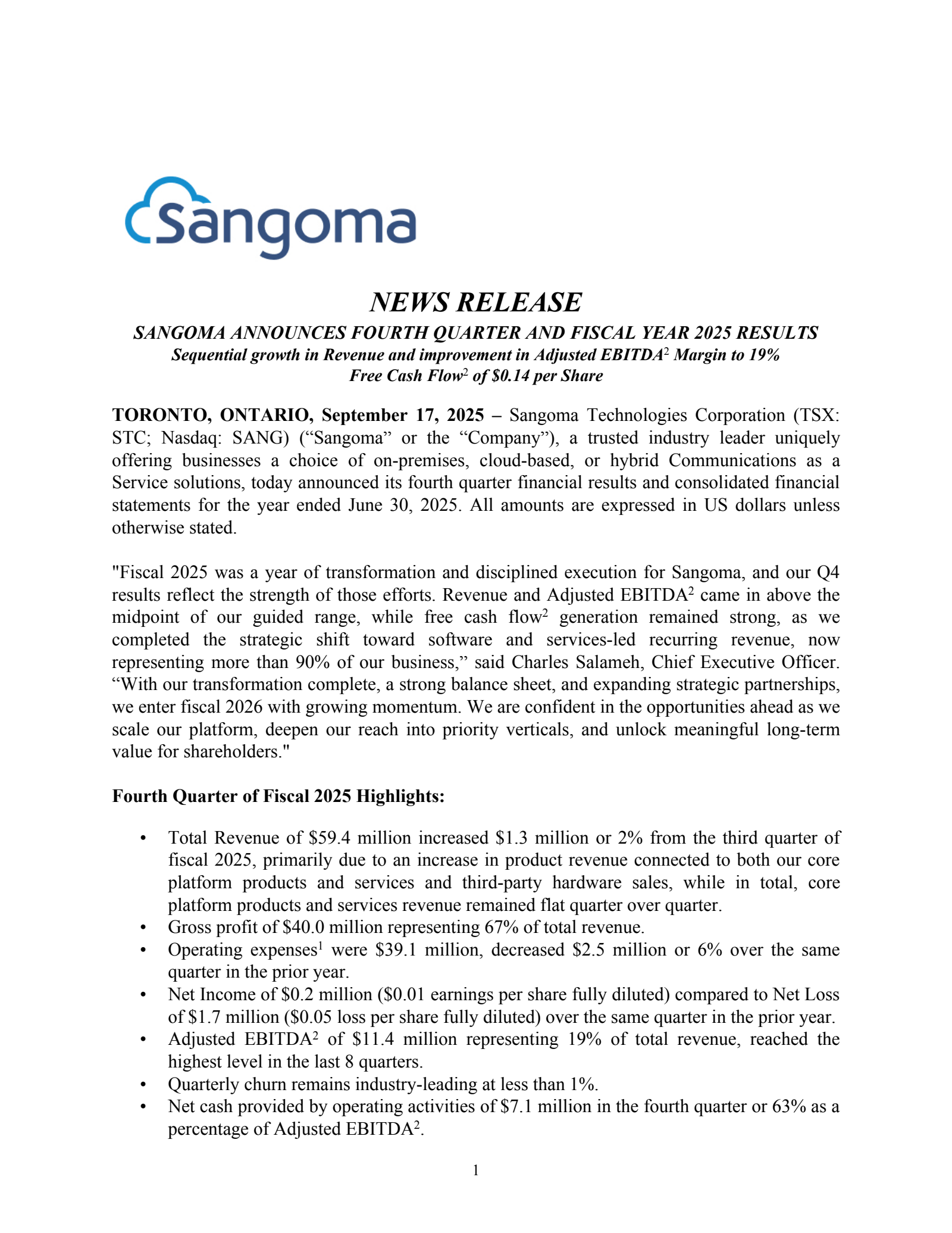 Sangoma Technologies' Q4 2025 Press Release
