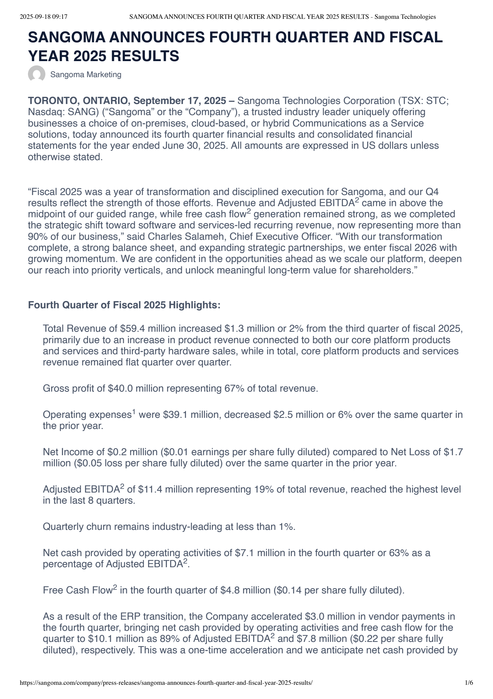 Sangoma Technologies' Q4 2025 Earnings Release