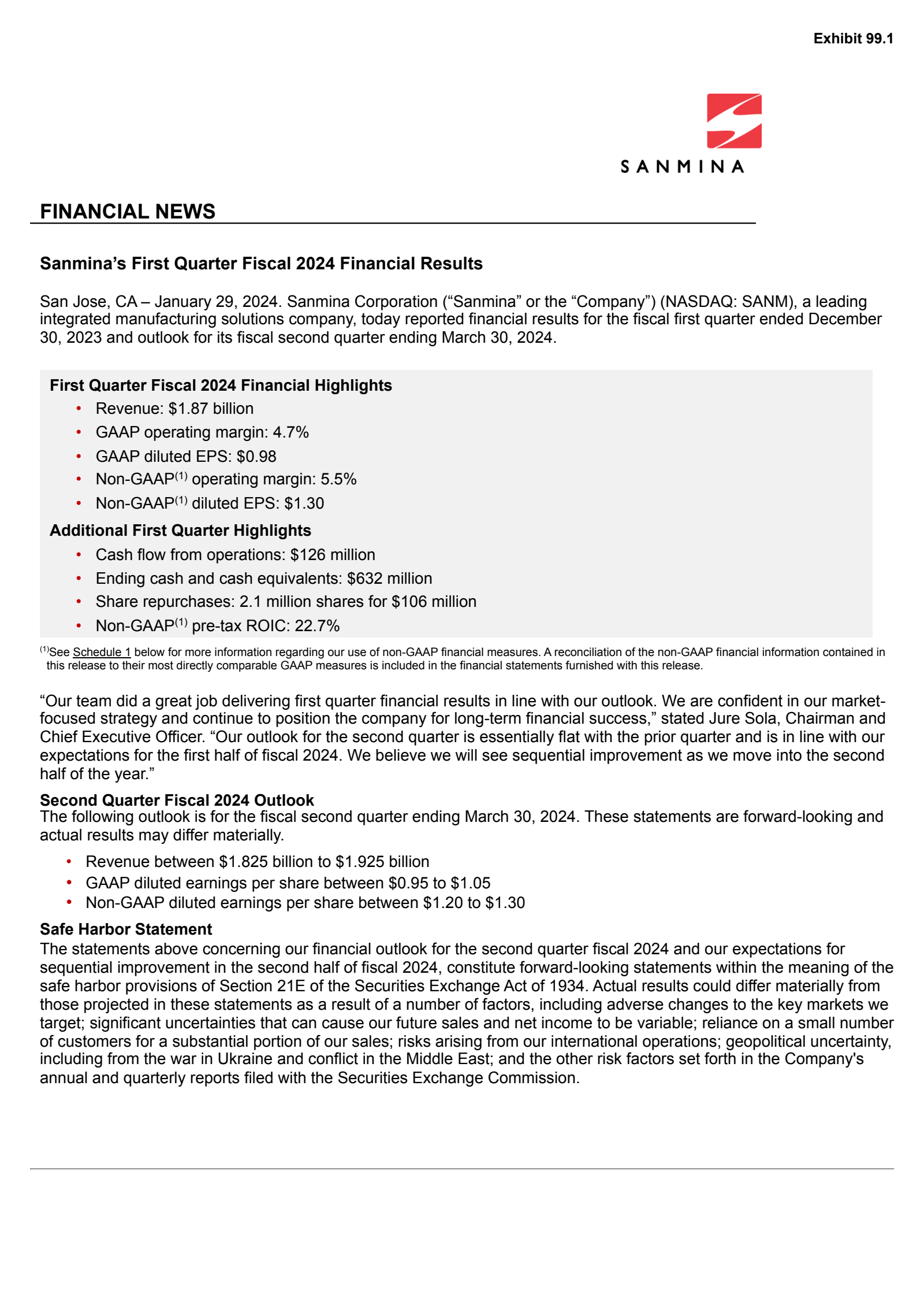 Sanmina's Q1 2024 Press Release