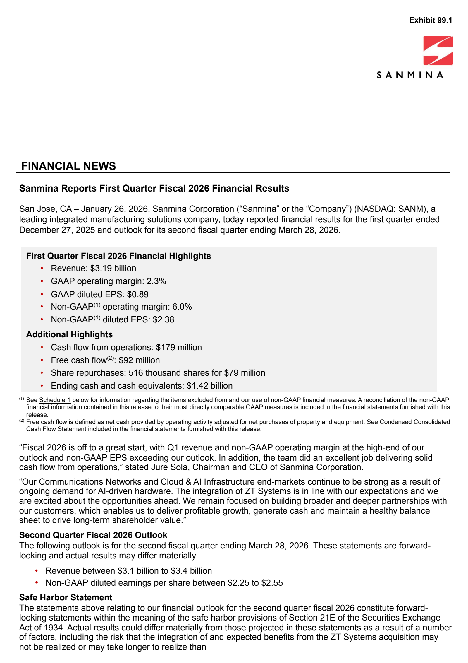 Sanmina's Q1 2026 Press Release