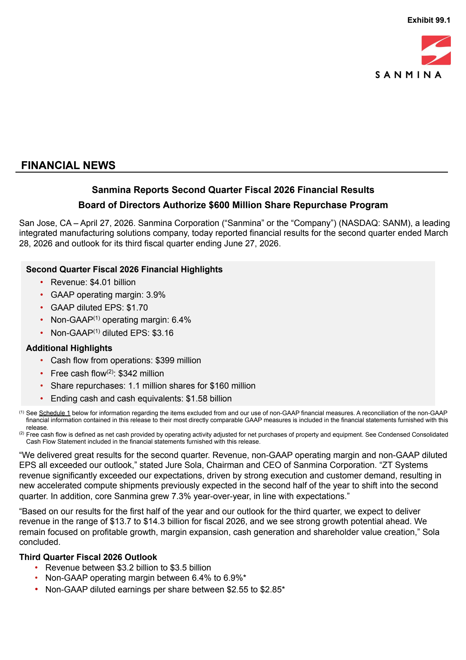 Sanmina's Q2 25/26 Press Release