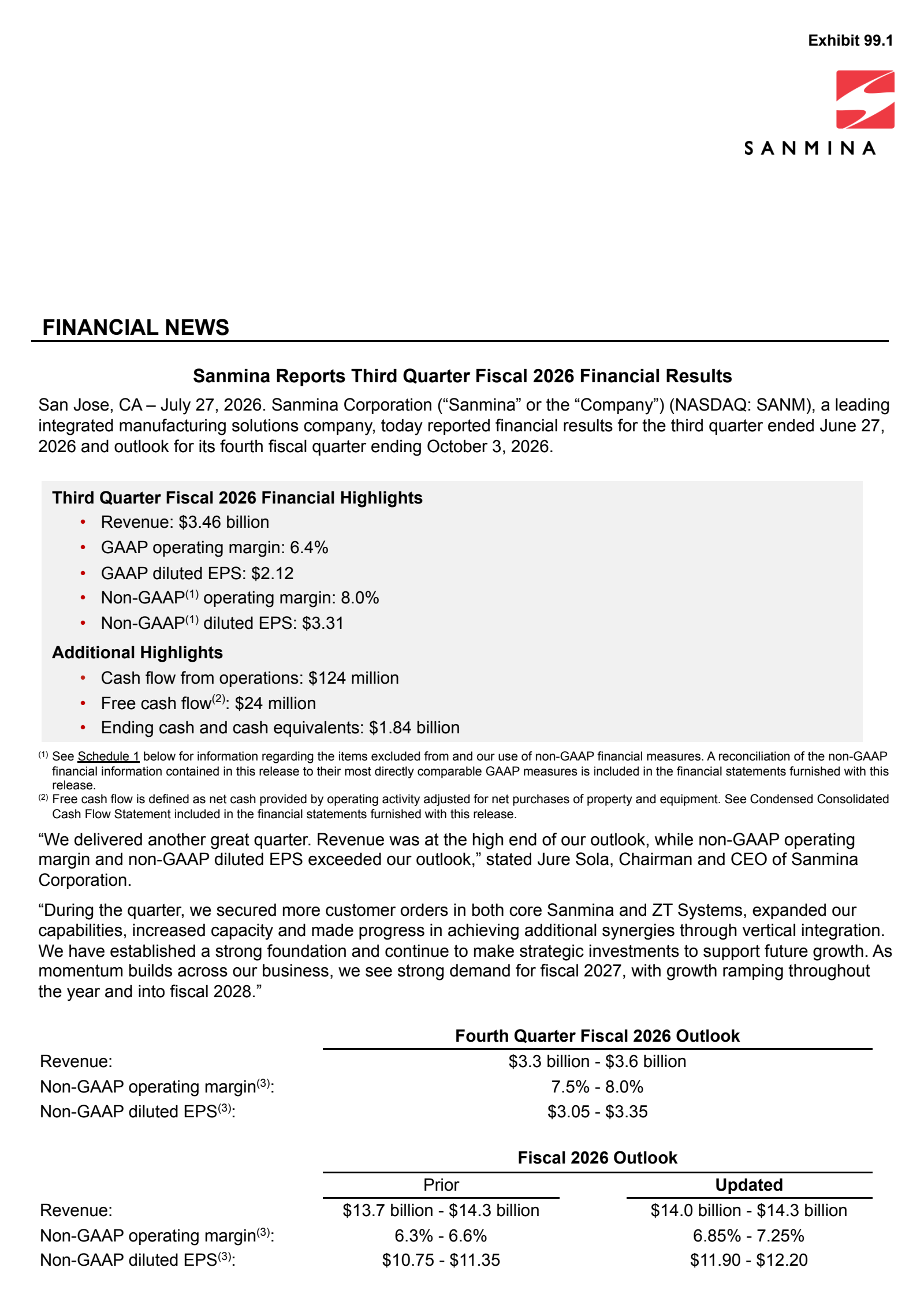 Sanmina's Q3 2026 Press Release