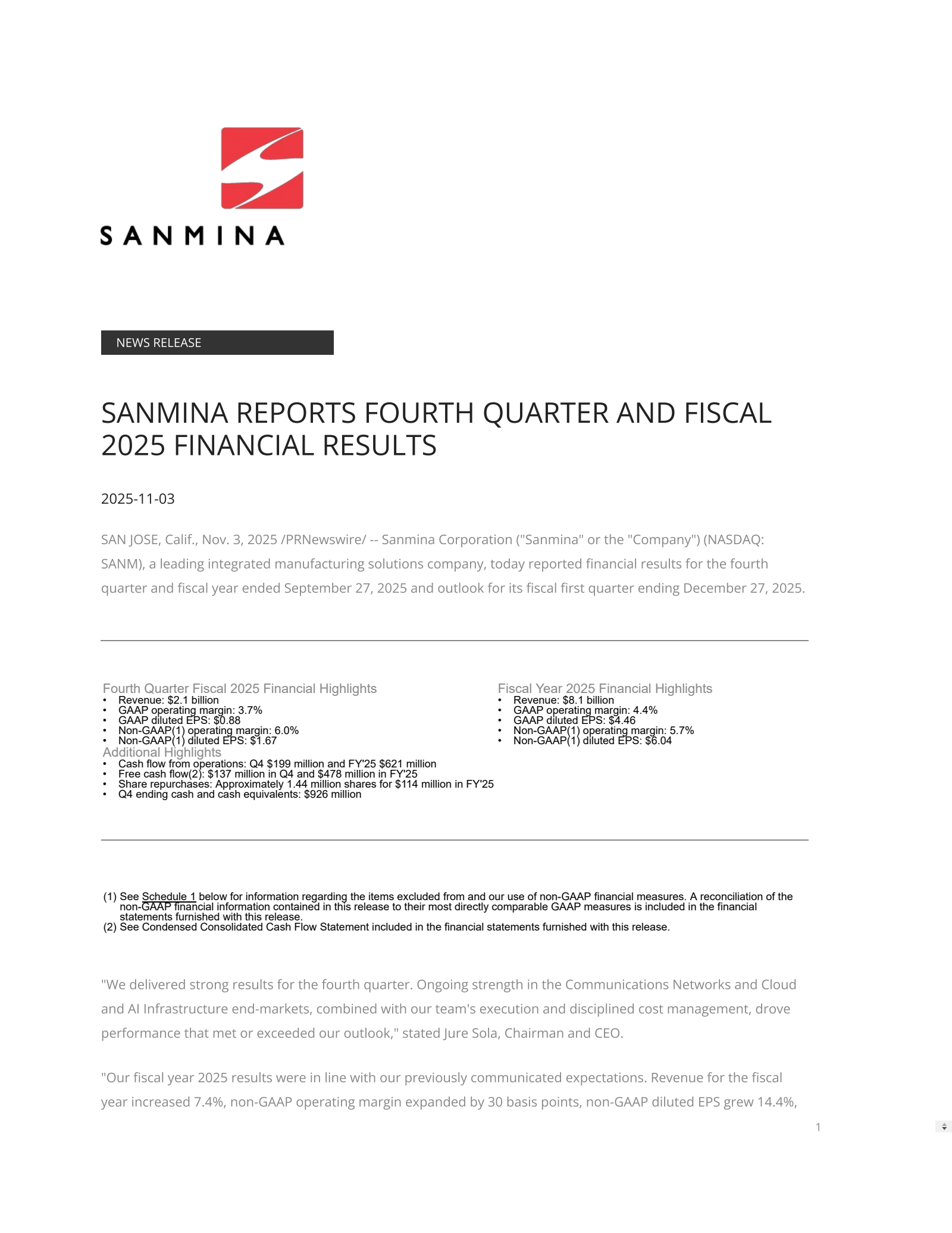 Sanmina's Q4 2025 Earnings Release