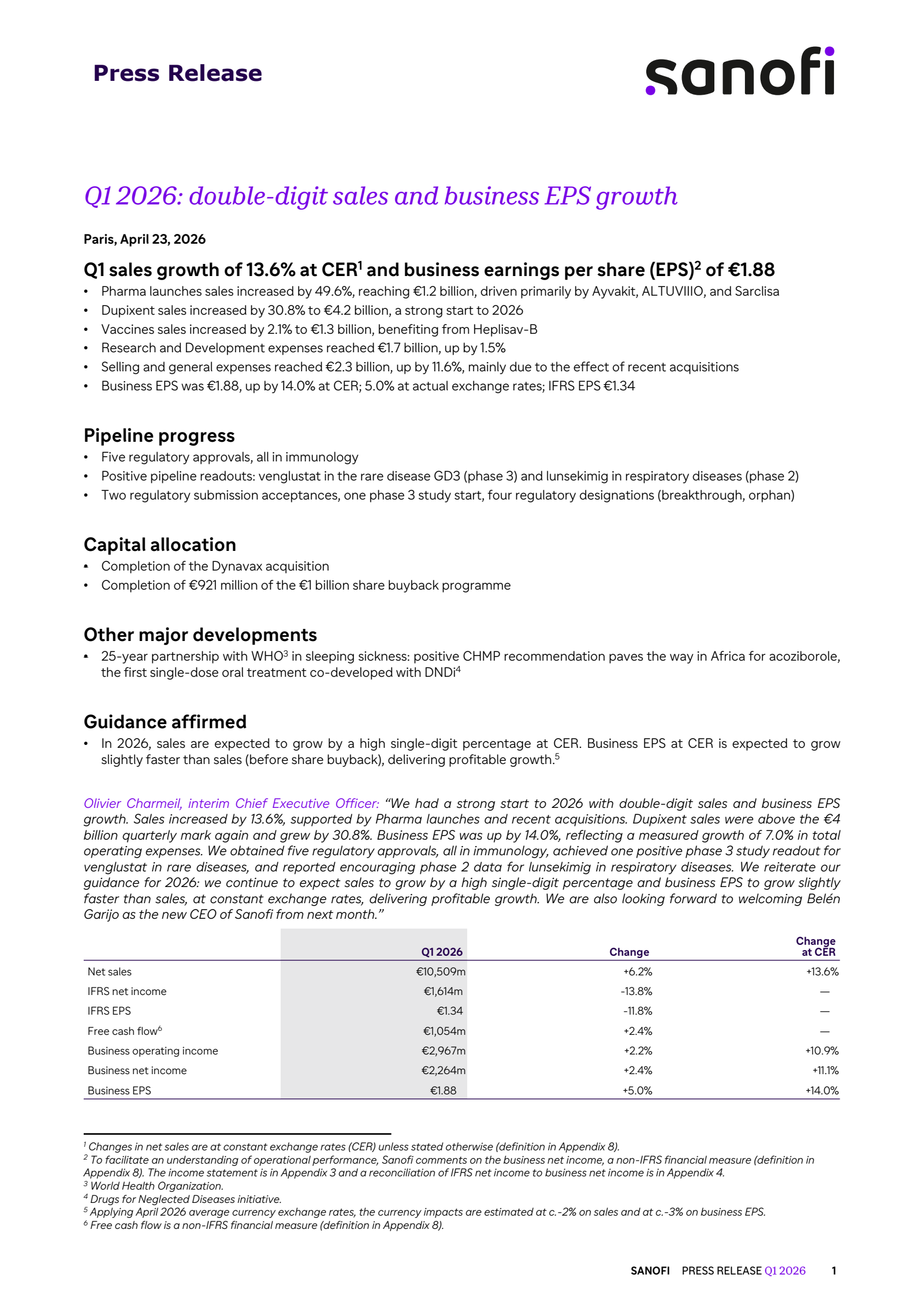 Sanofi's Q1 2026 Press Release