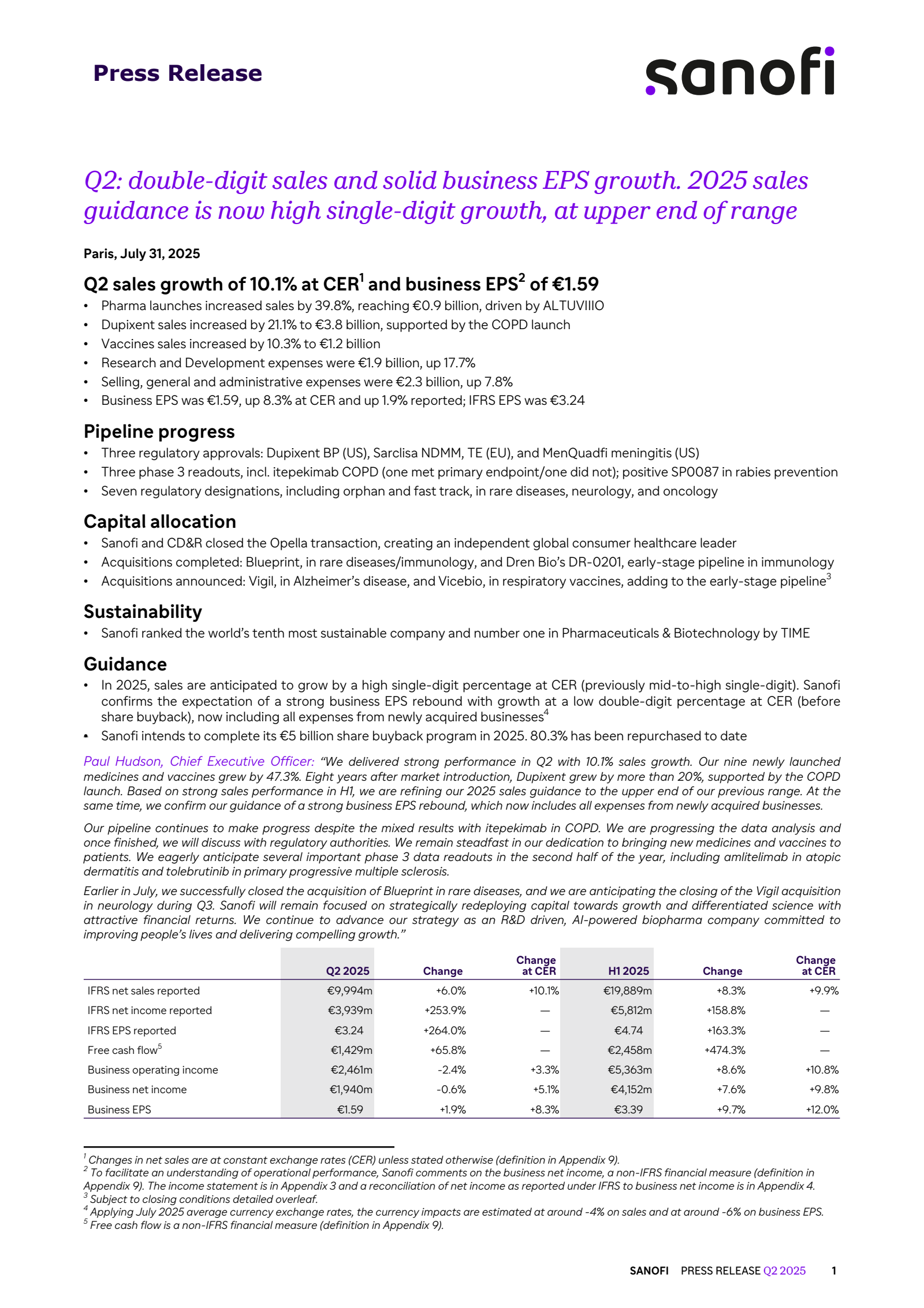 Sanofi's Q2 2025 Press Release