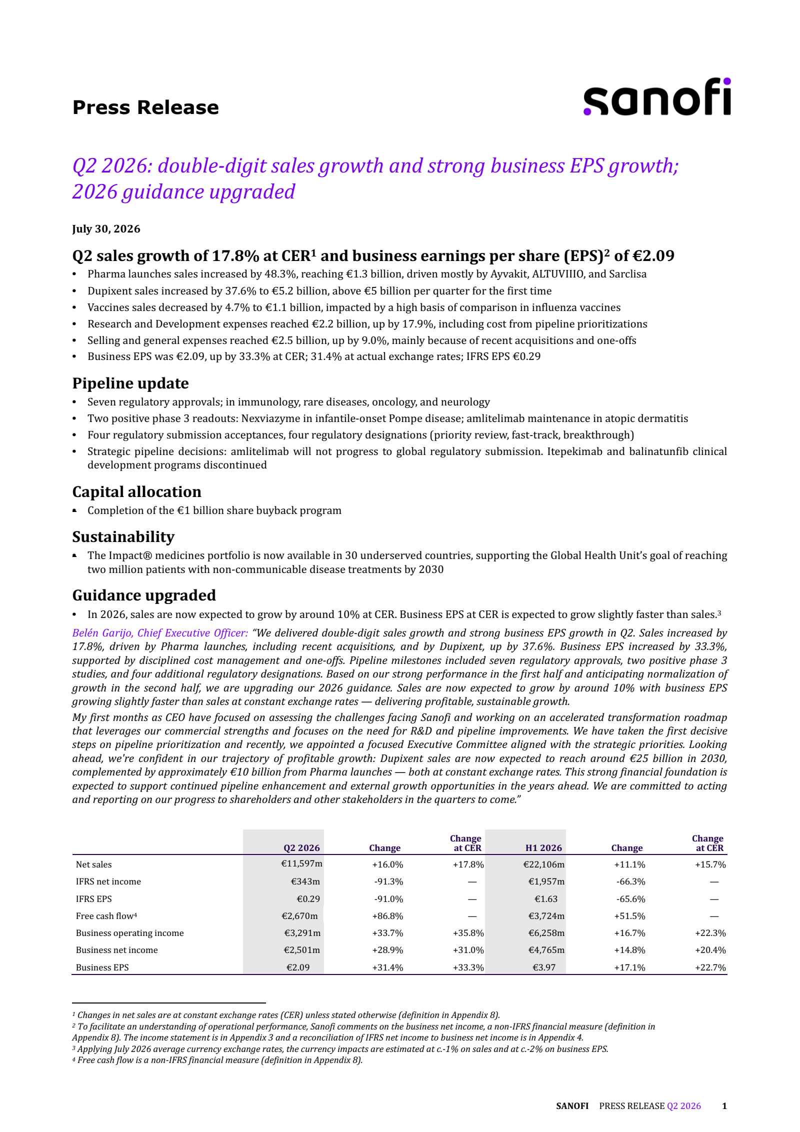 Sanofi's Q2 2026 Press Release