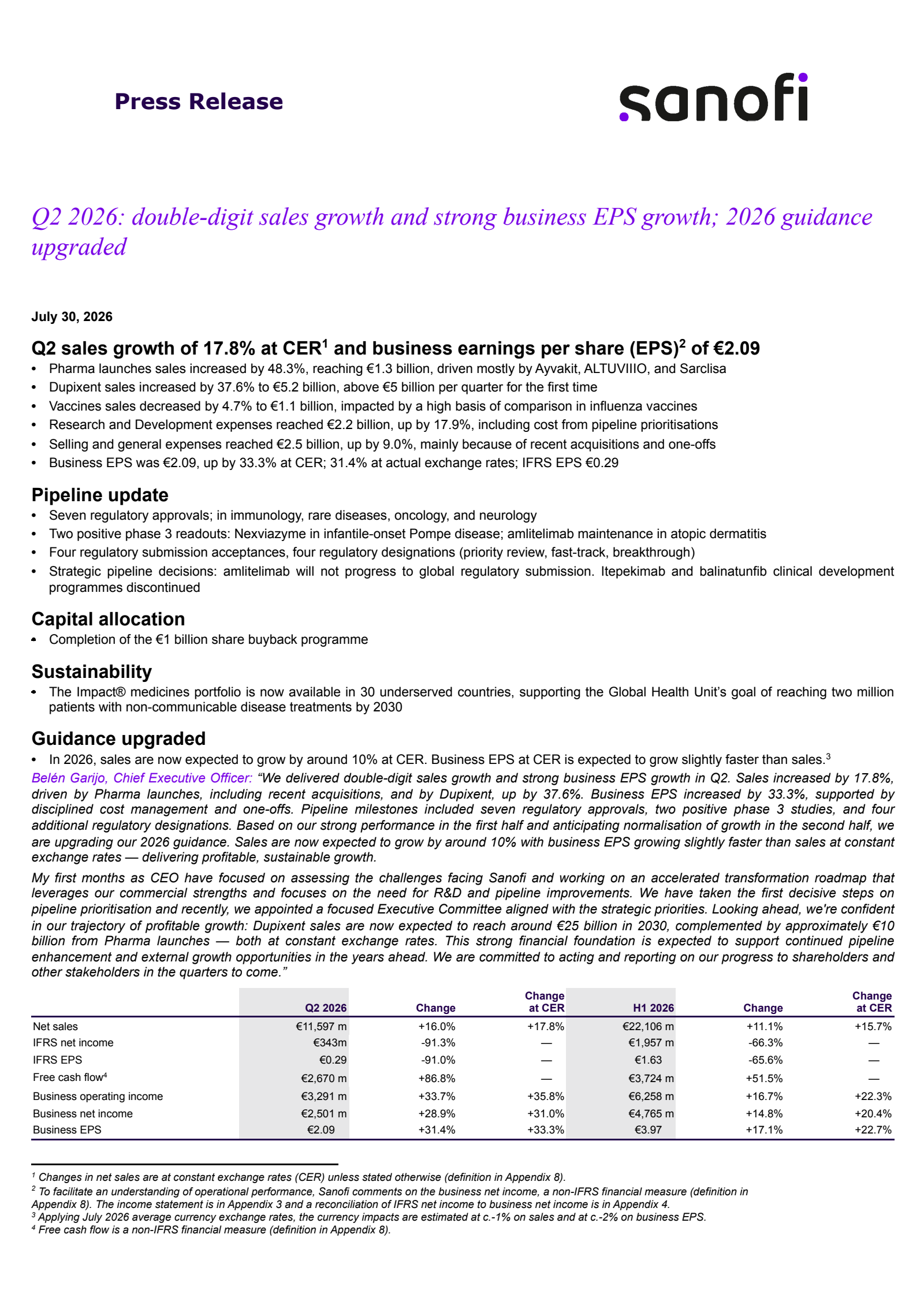 Sanofi's Q2 2026 Press Release