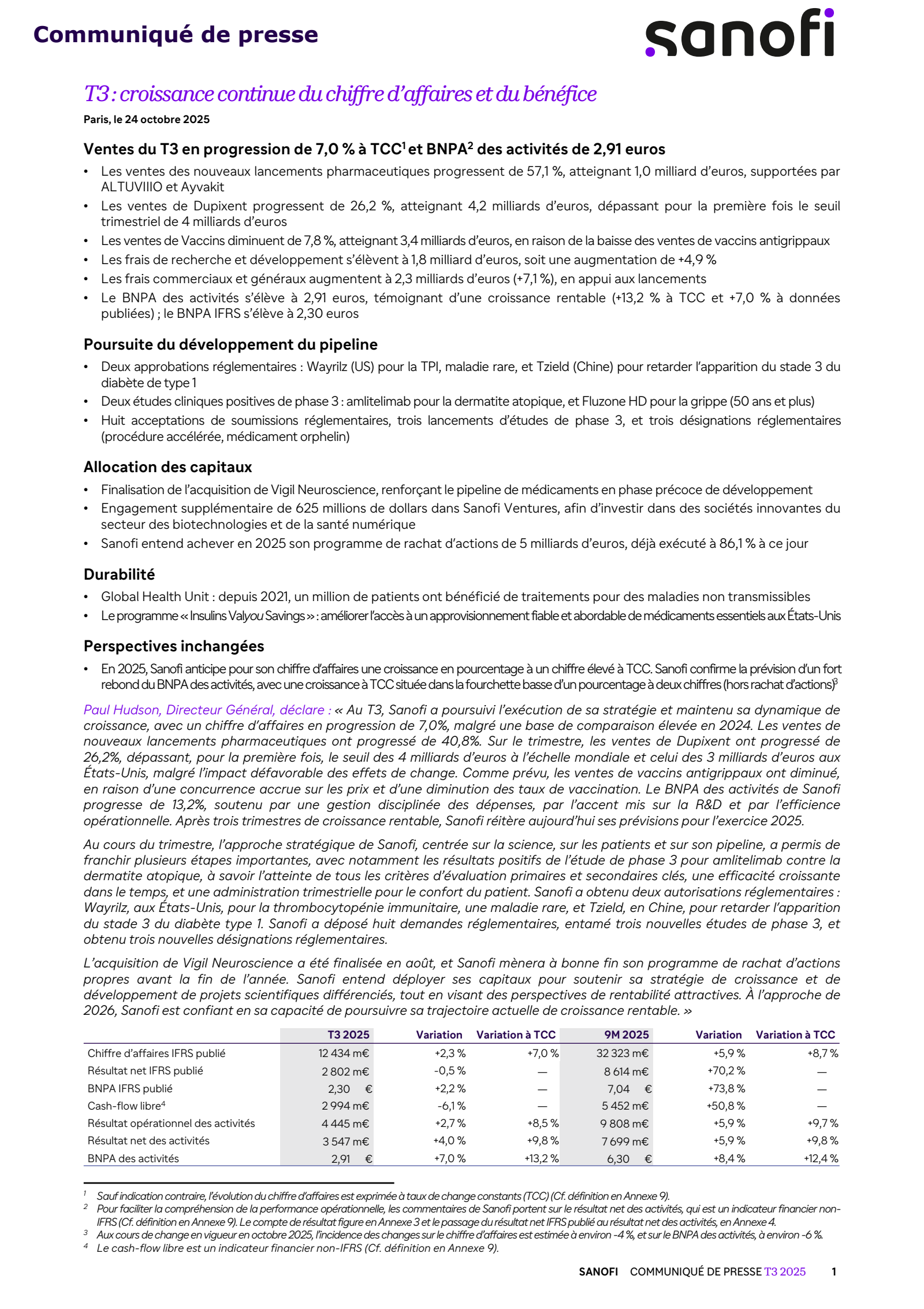 Sanofi's Q3 2025 Earnings Release