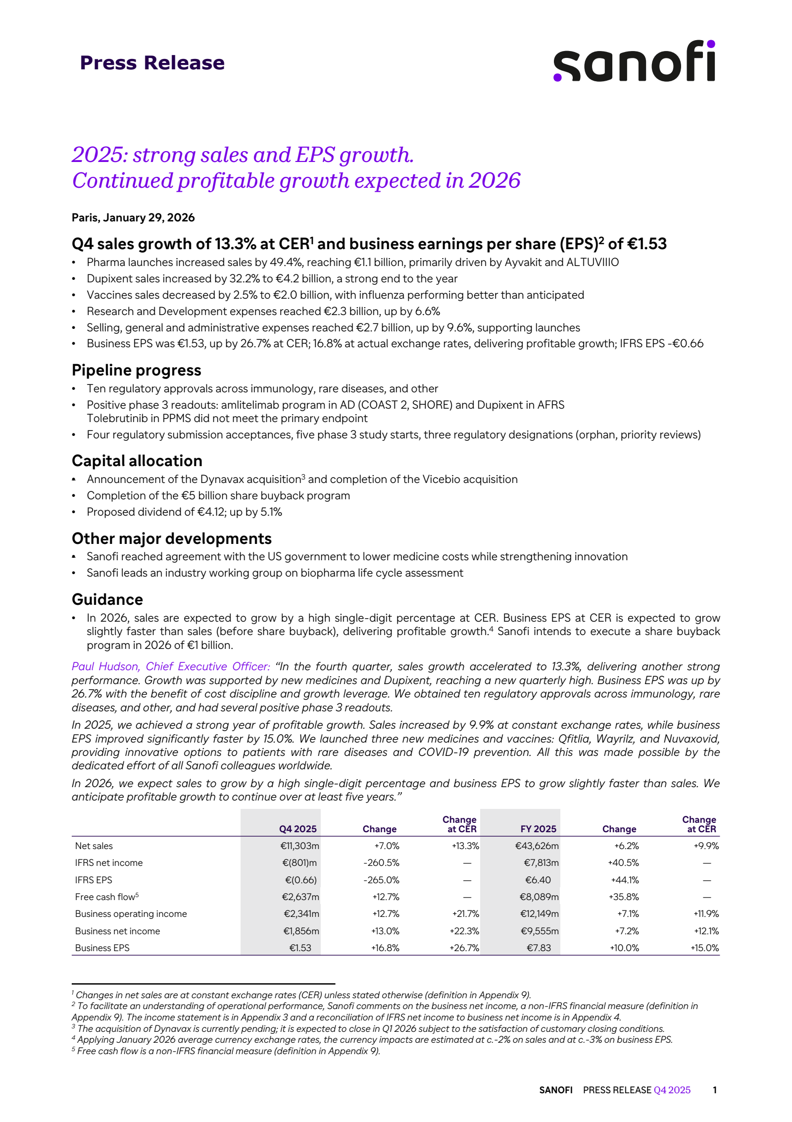 Sanofi's Q4 2025 Press Release