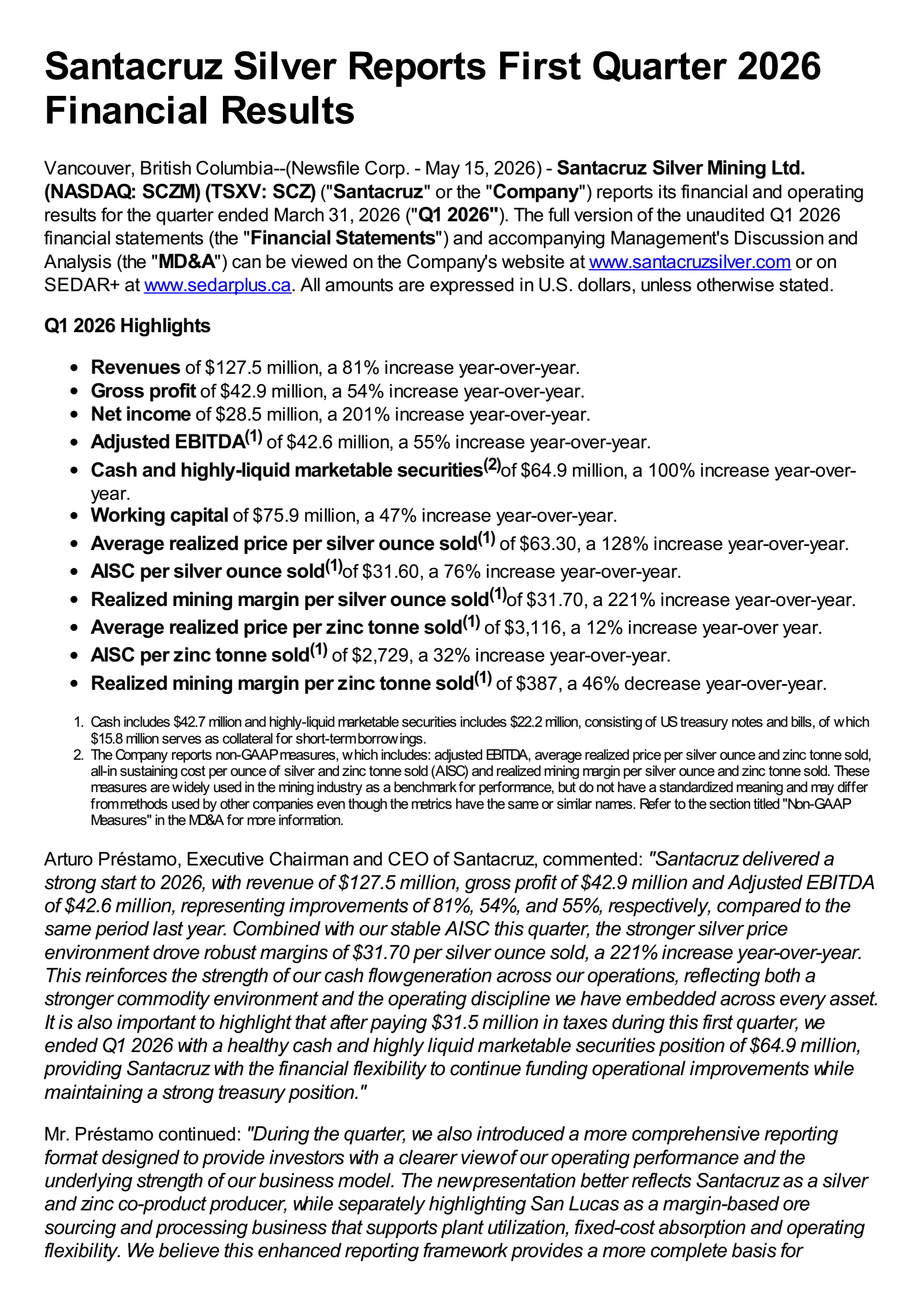 Santacruz Silver Mining's Q1 2026 Press Release