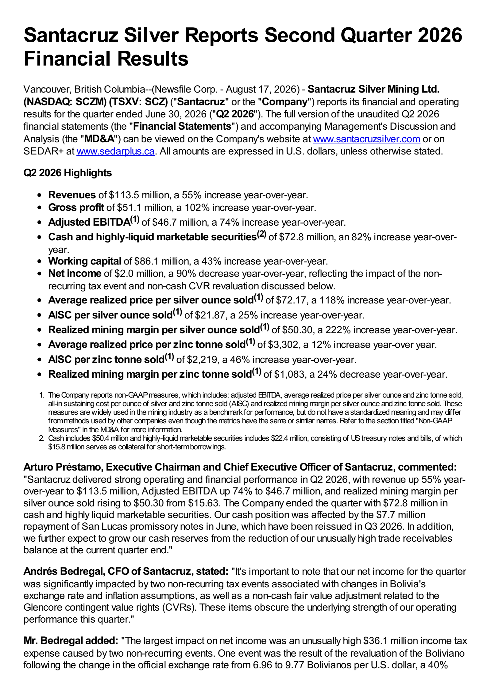 Santacruz Silver Mining's Q2 2026 Press Release