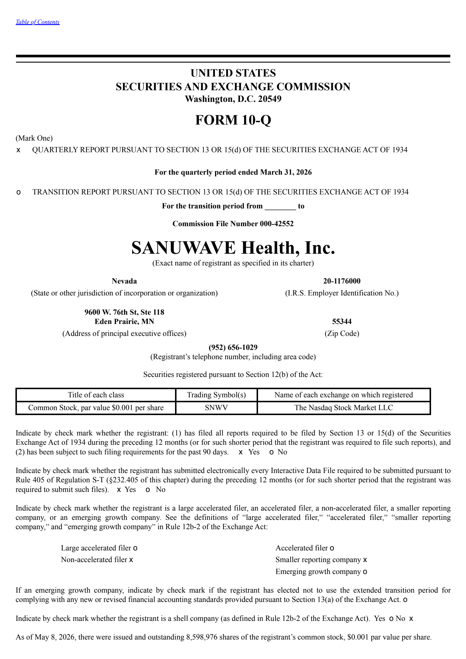 Sanuwave Health's Q1 2026 Quarterly report