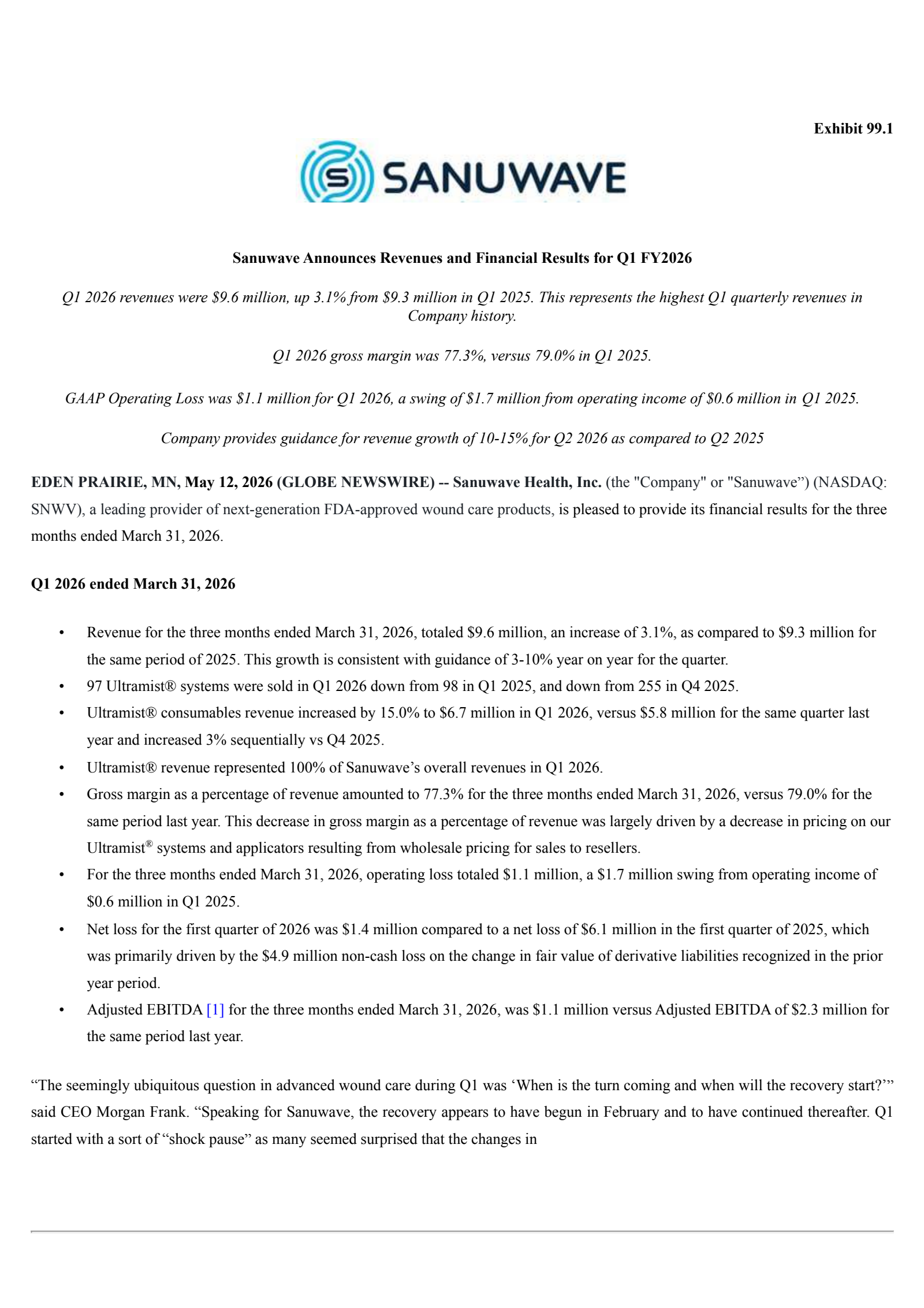 Sanuwave Health's Q1 2026 Press Release