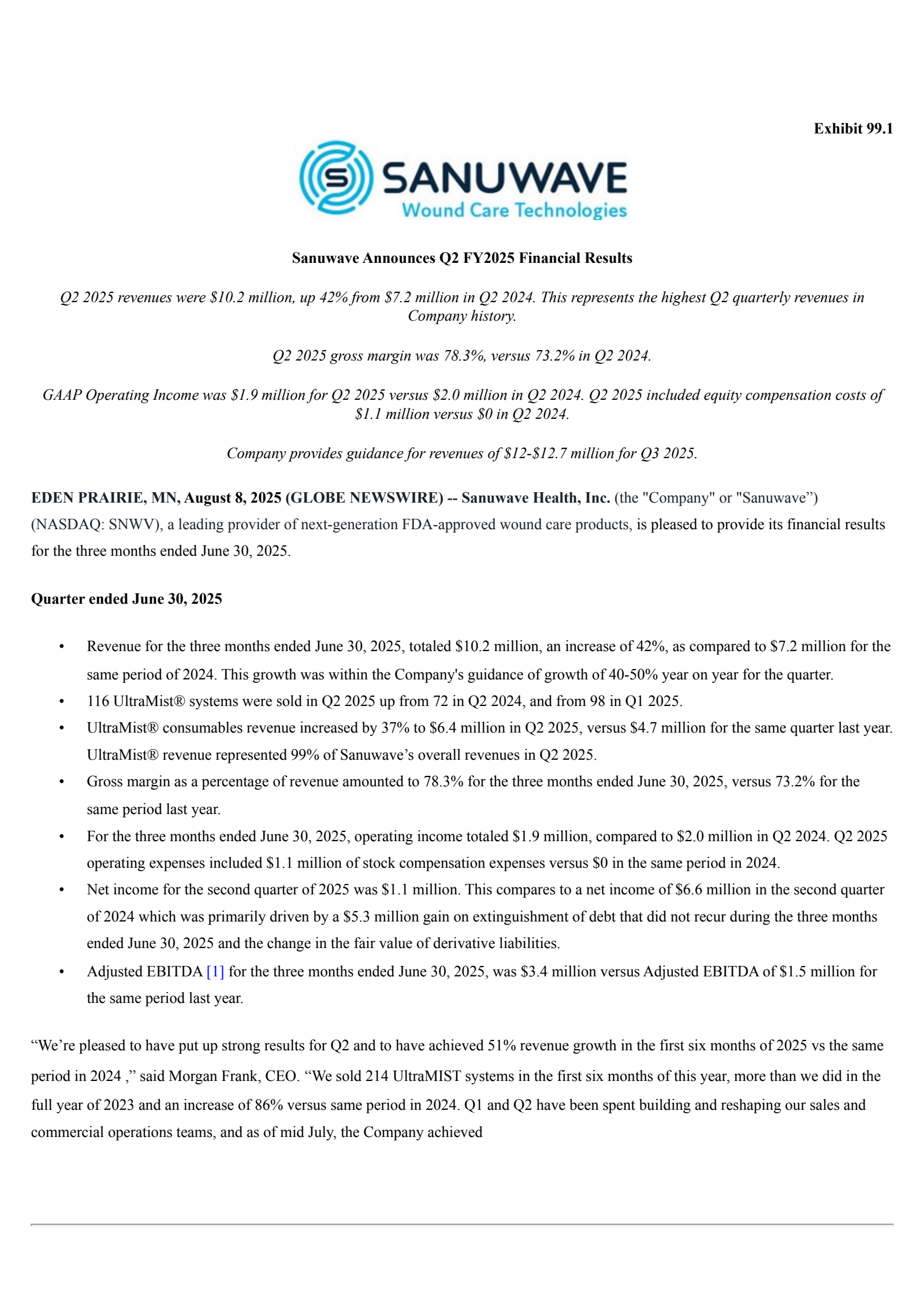 Sanuwave Health's Q2 2025 Press Release