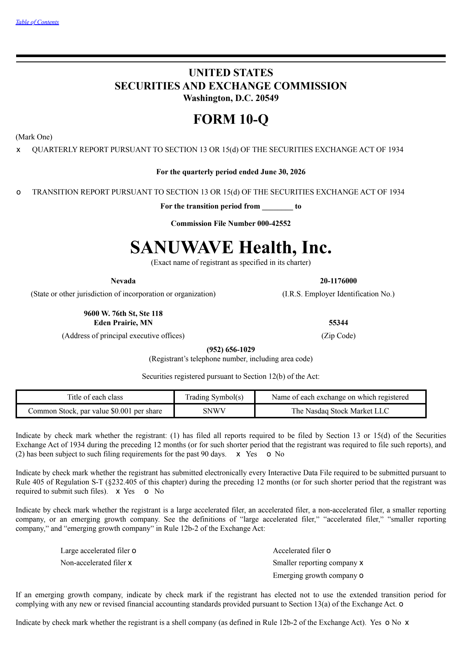 Sanuwave Health's Q2 2026 Quarterly report