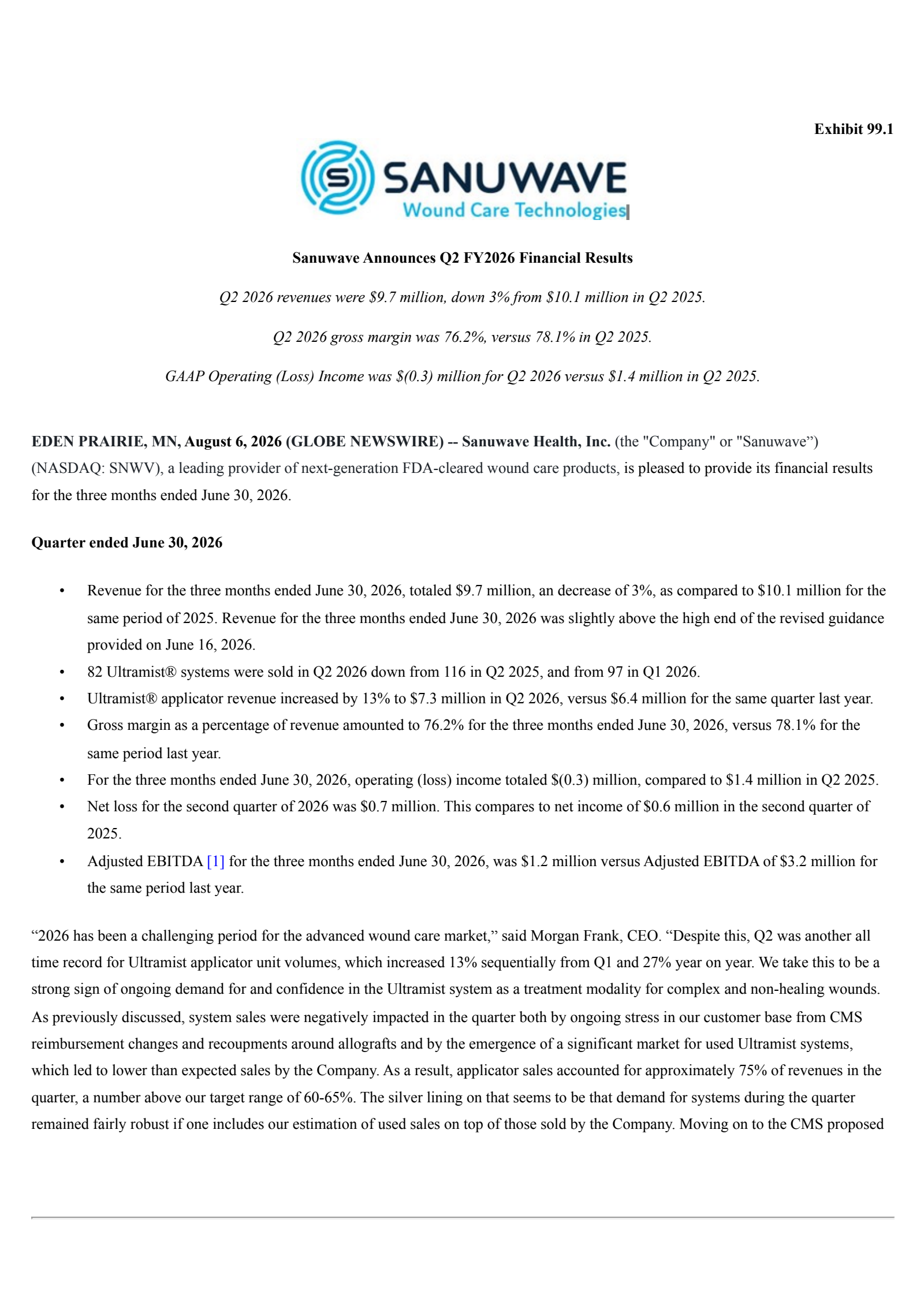Sanuwave Health's Q2 2026 Press Release