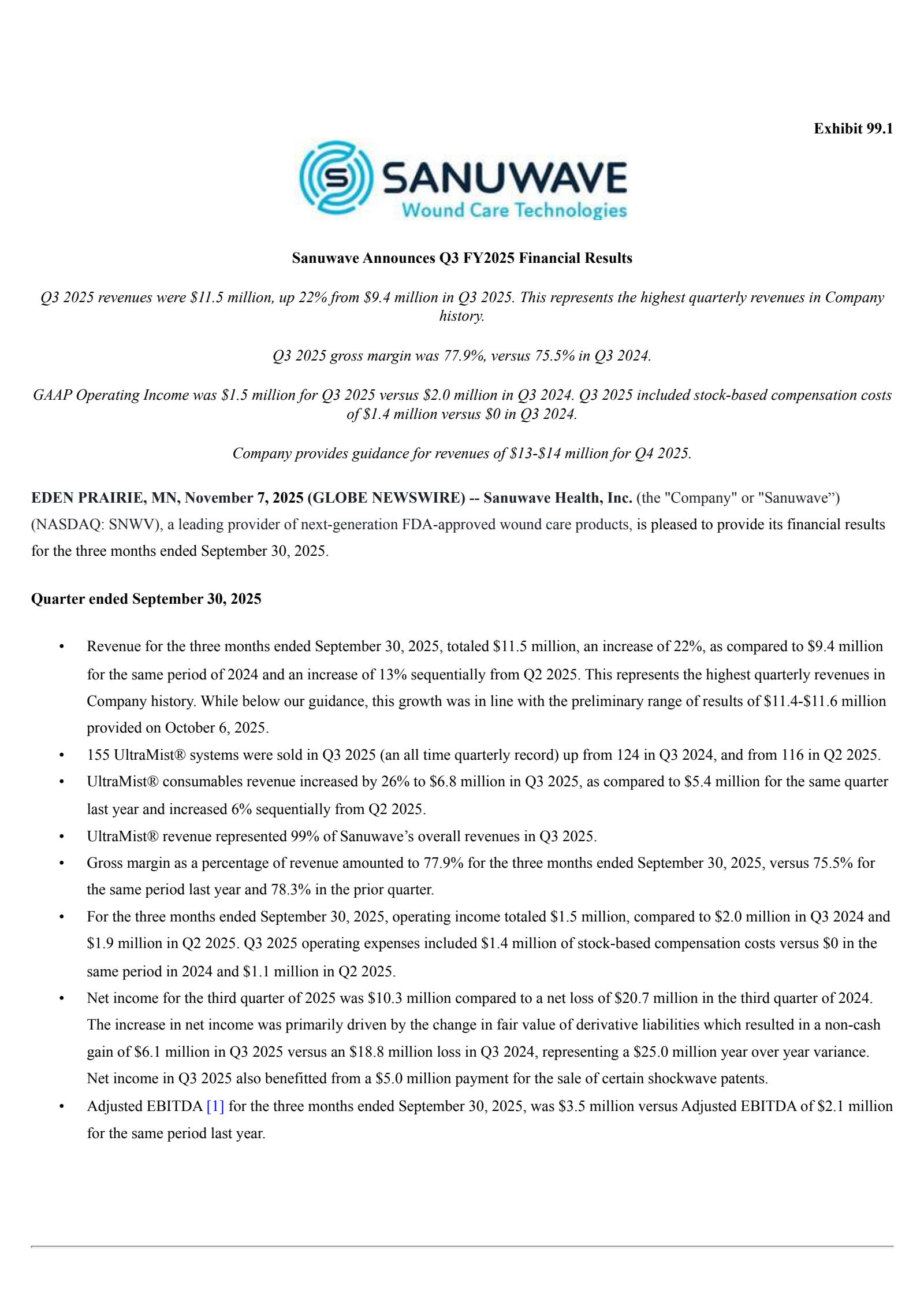 Sanuwave Health's Q3 2025 Earnings Release