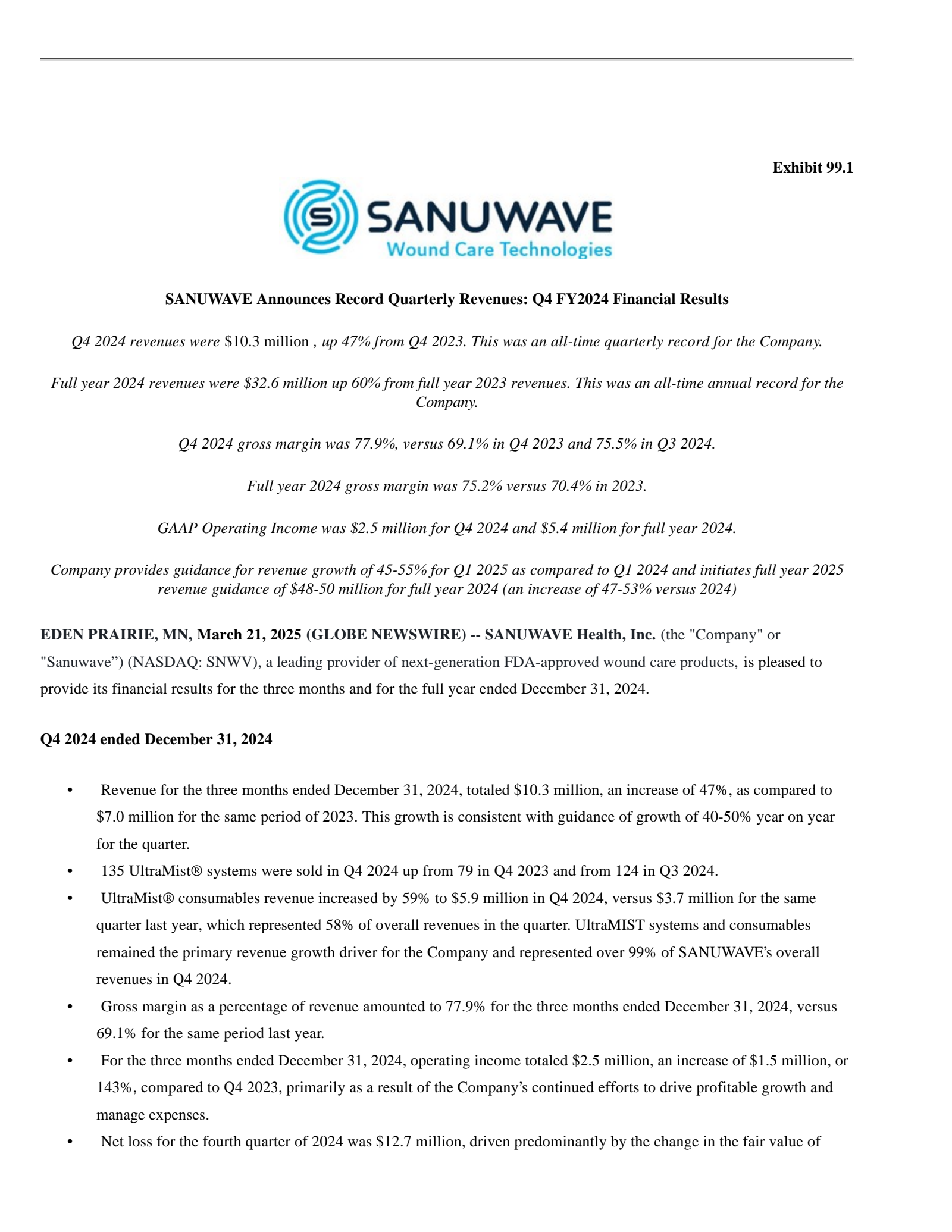 Sanuwave Health's Q4 2024 Press Release