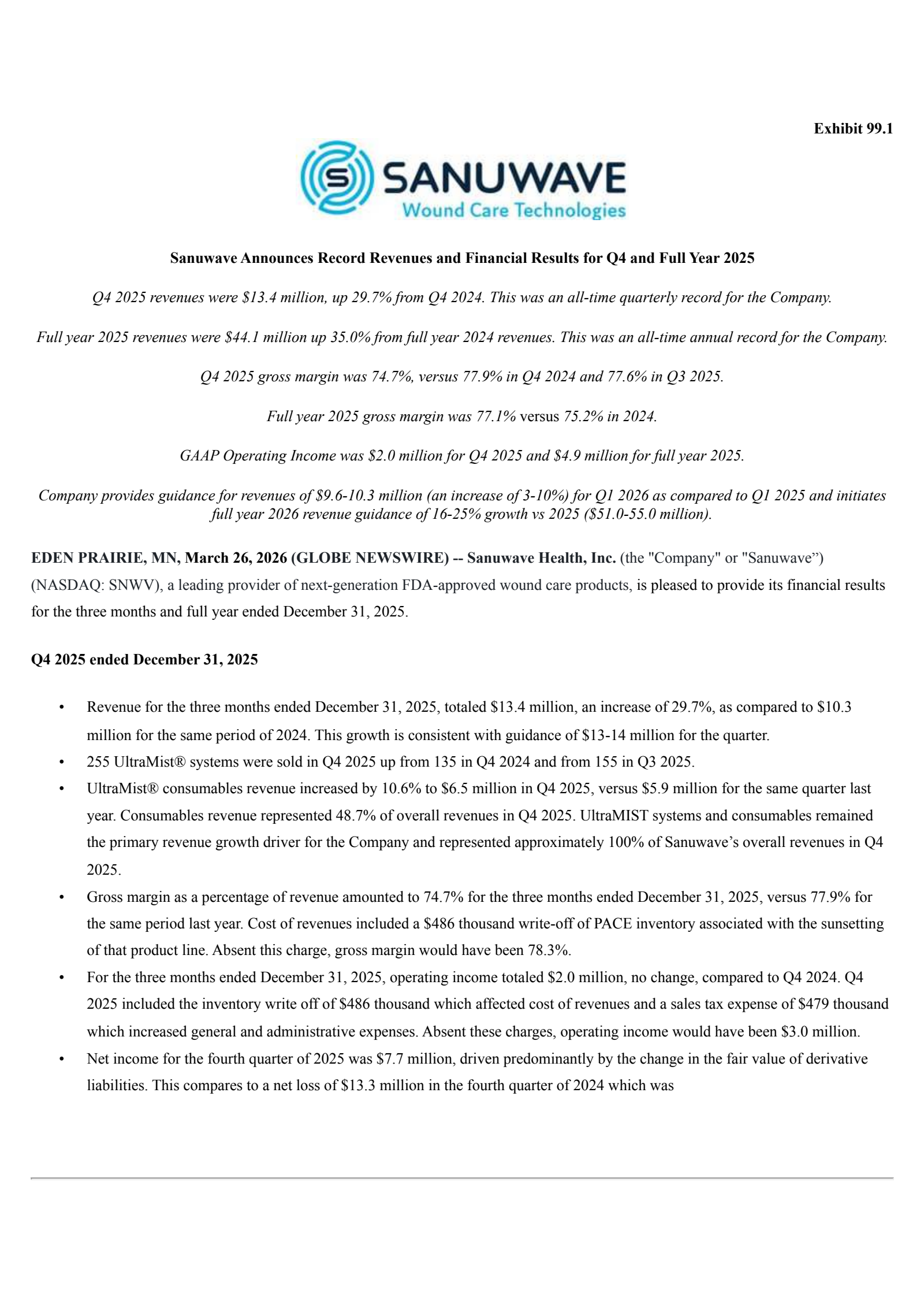 Sanuwave Health's Q4 2025 Press Release