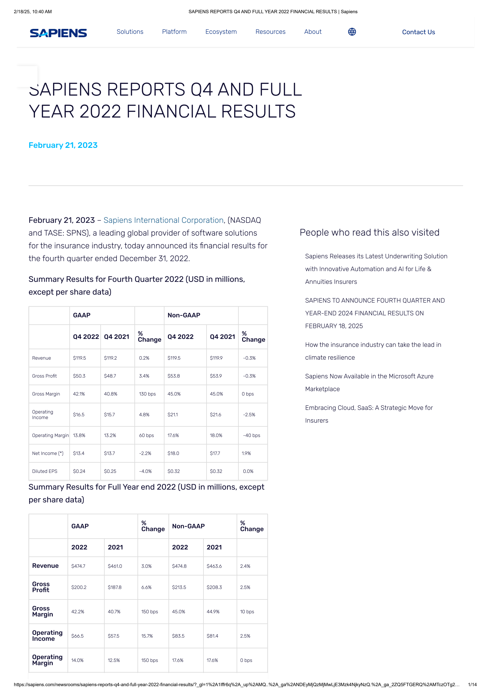 Sapiens International's Q4 2022 Press Release