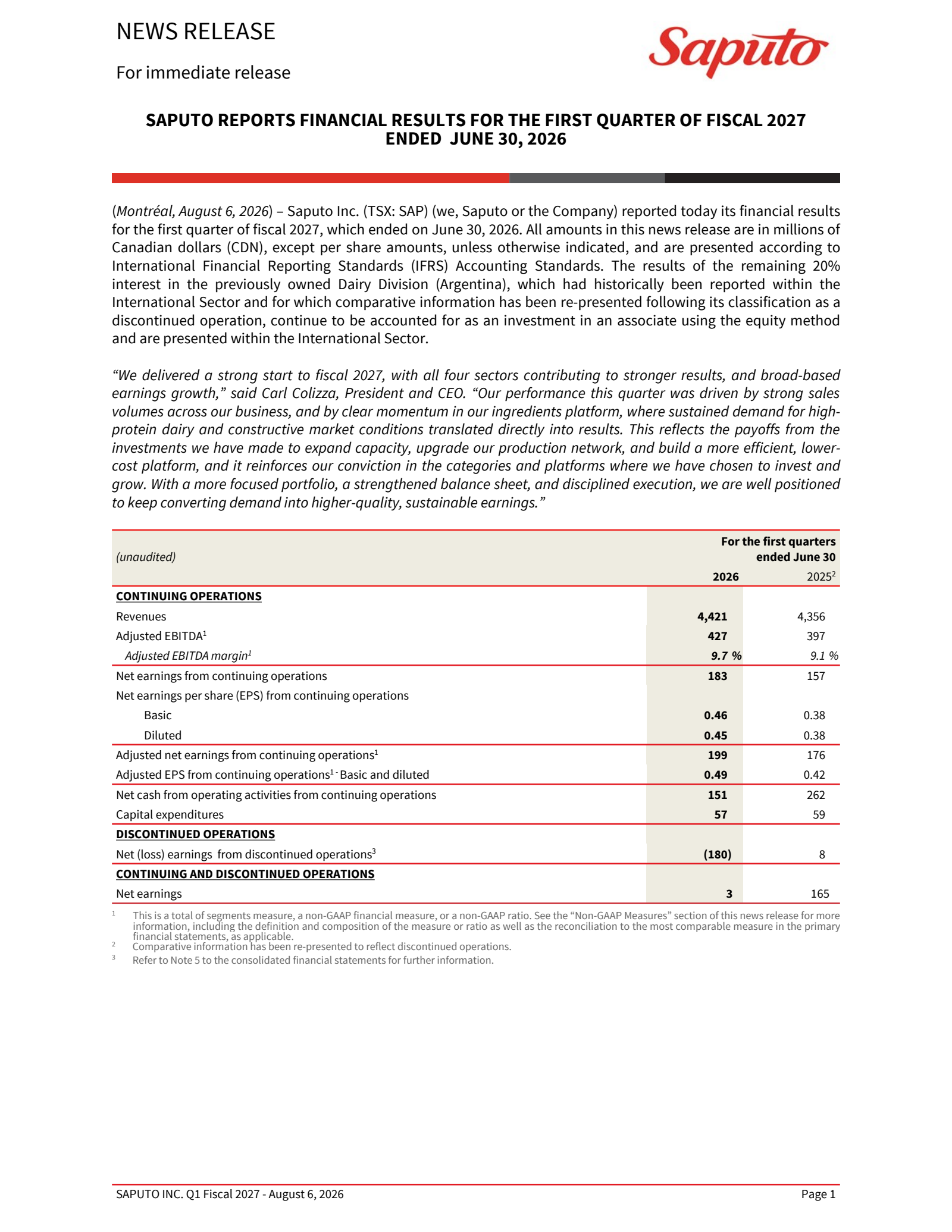 Saputo's Q1 2027 Press Release
