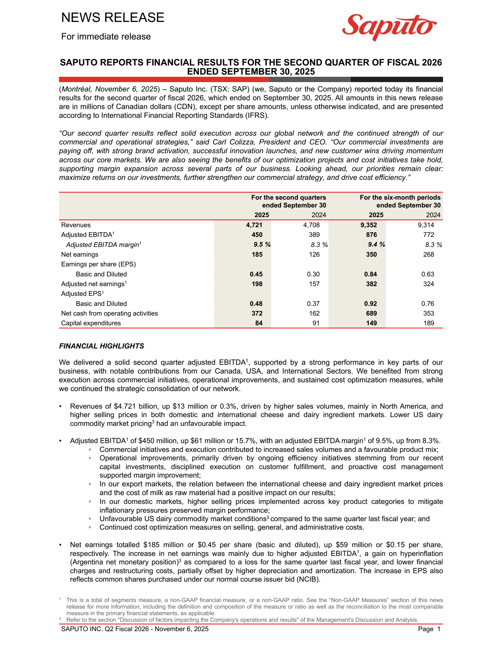 Saputo's Q2 2026 Earnings Release