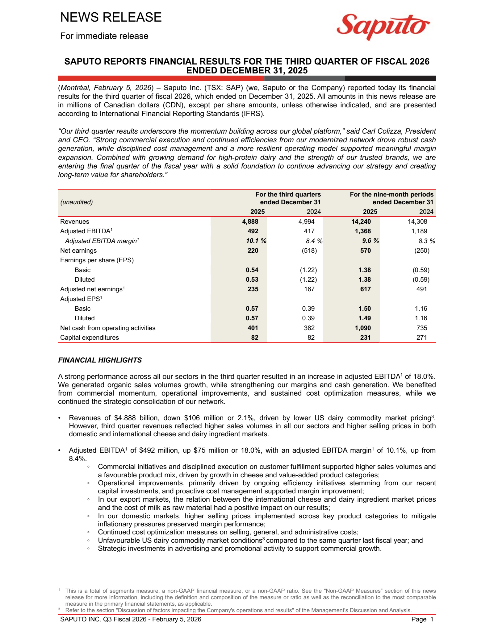 Saputo's Q3 2026 Press Release