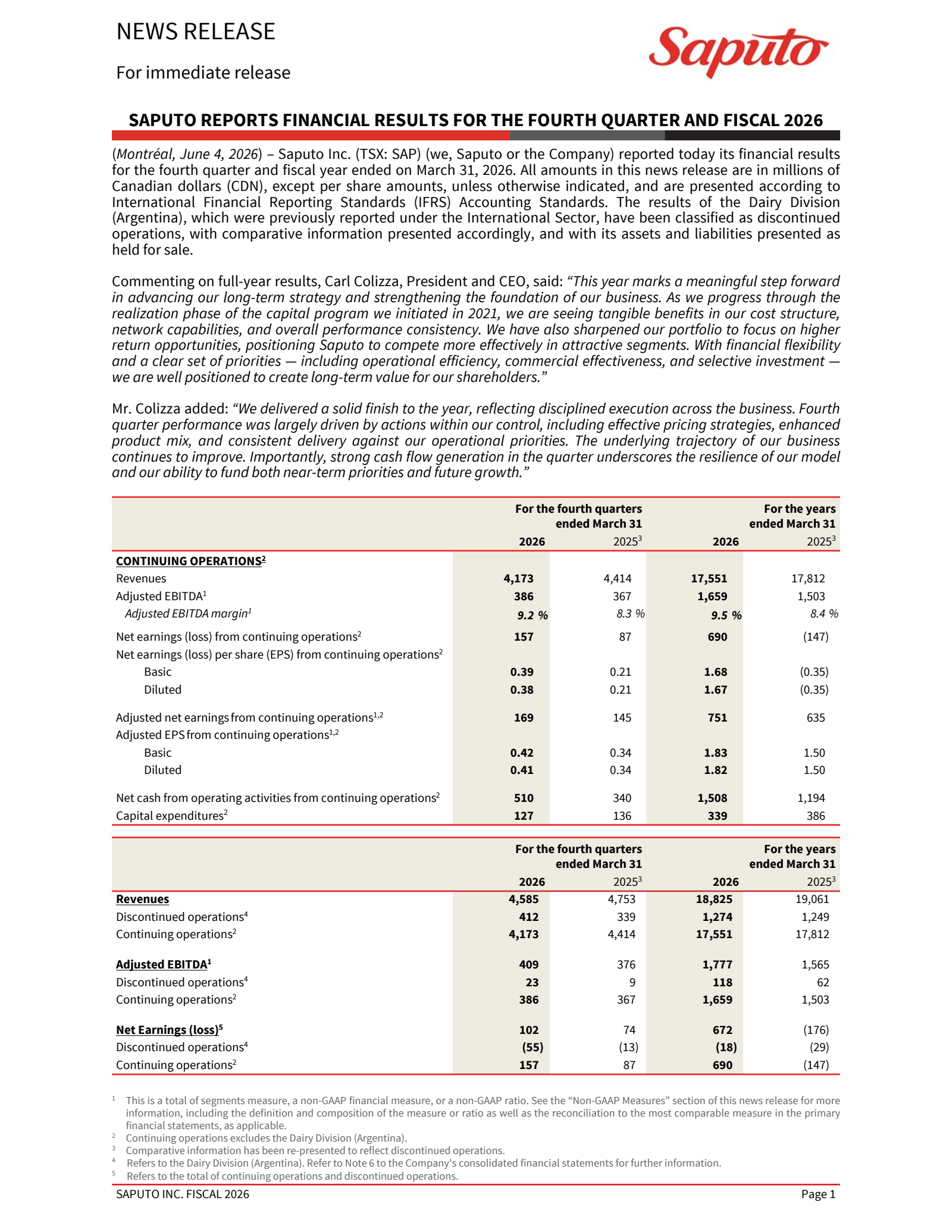 Saputo's Q4 2026 Press Release