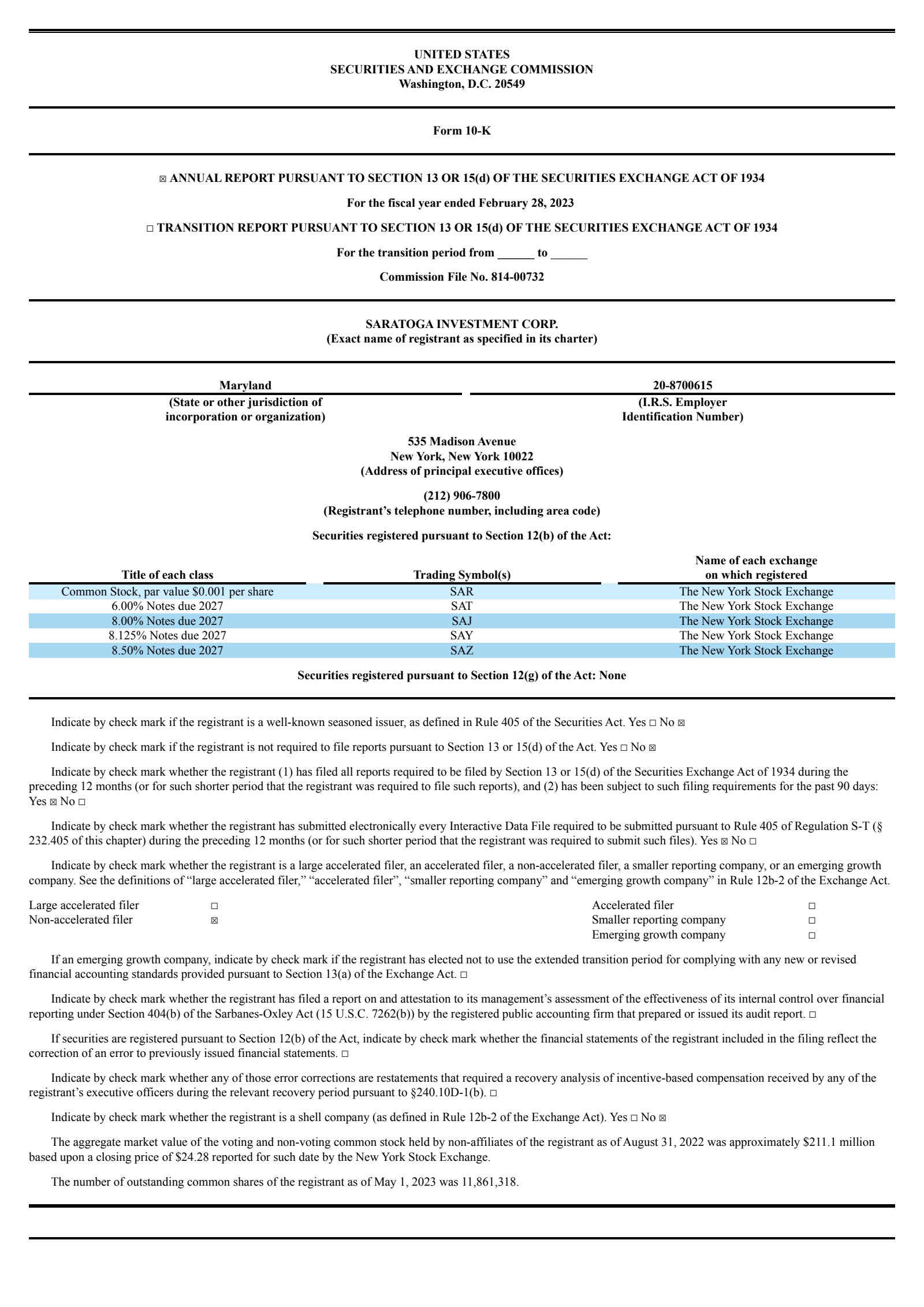 Saratoga Investment's Q4 2023 Annual report