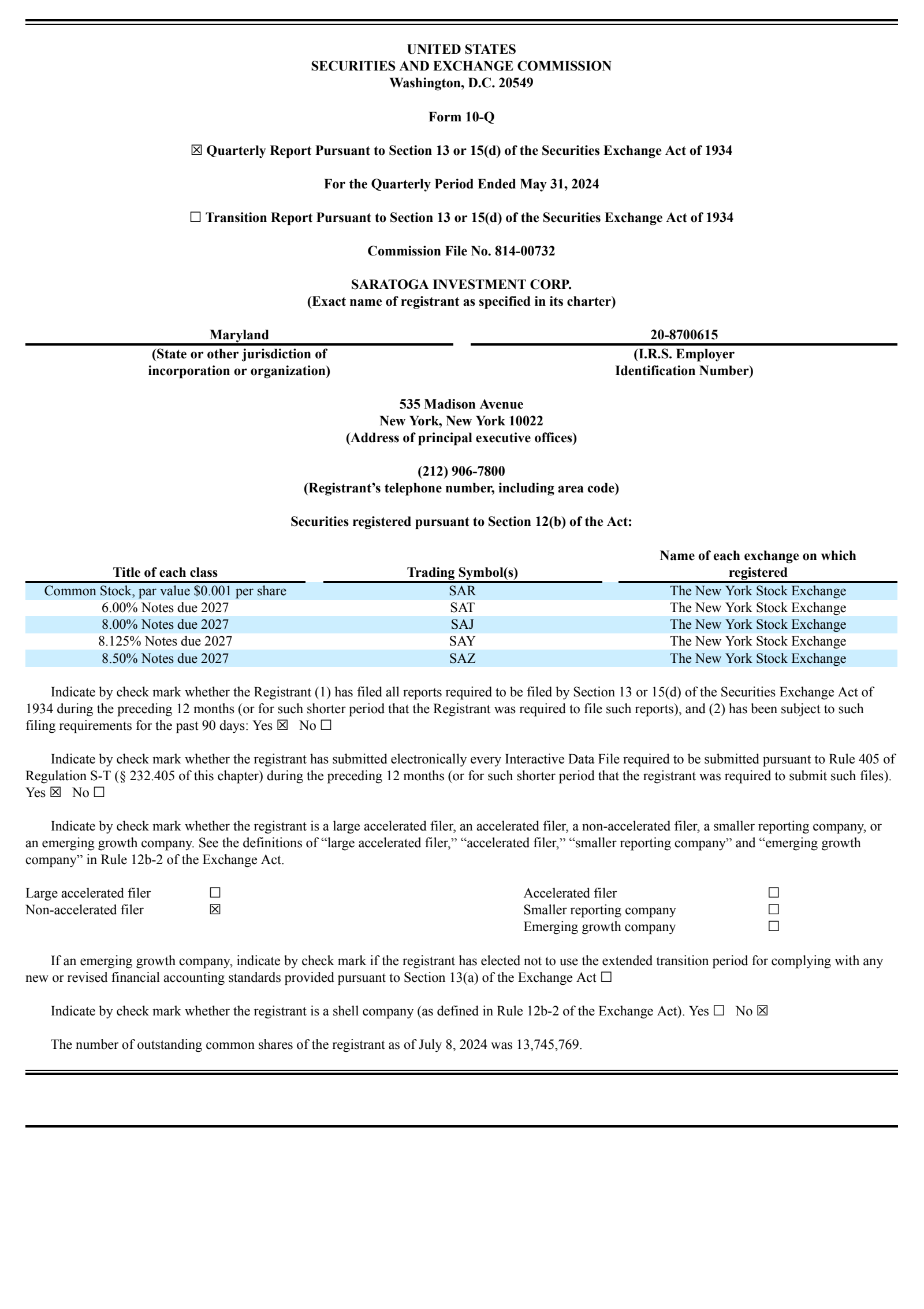 Saratoga Investment's Q1 2025 Quarterly Report
