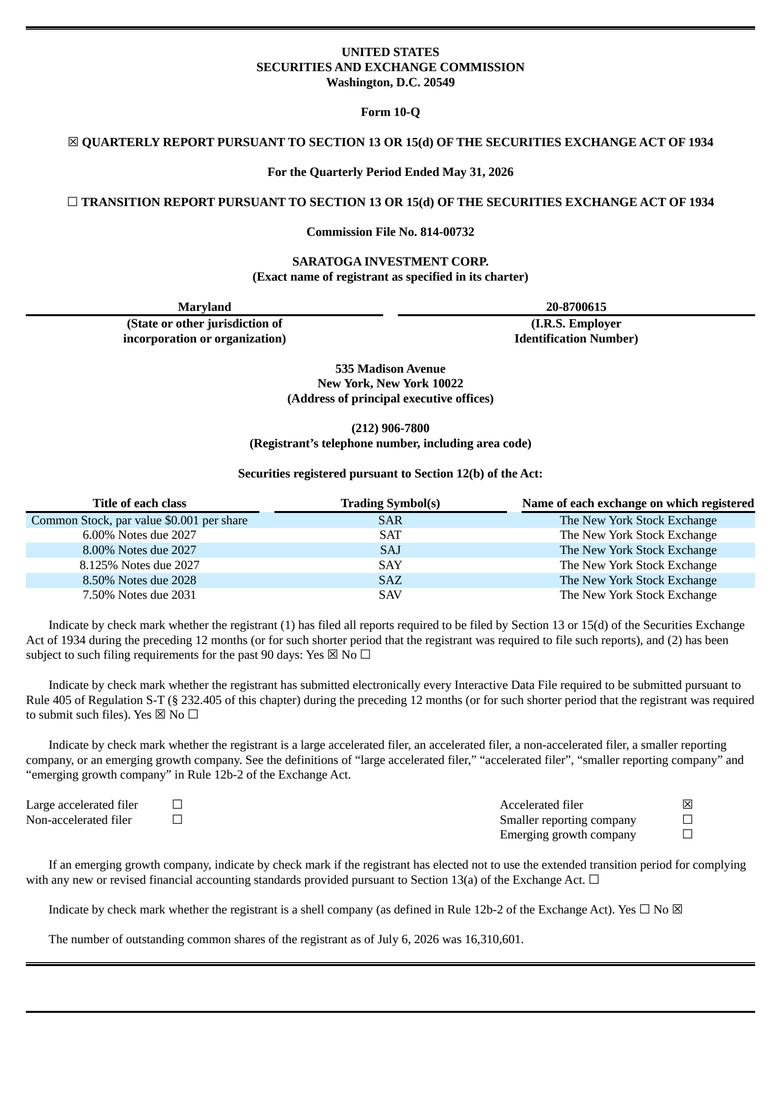 Saratoga Investment's Q1 2027 Quarterly report