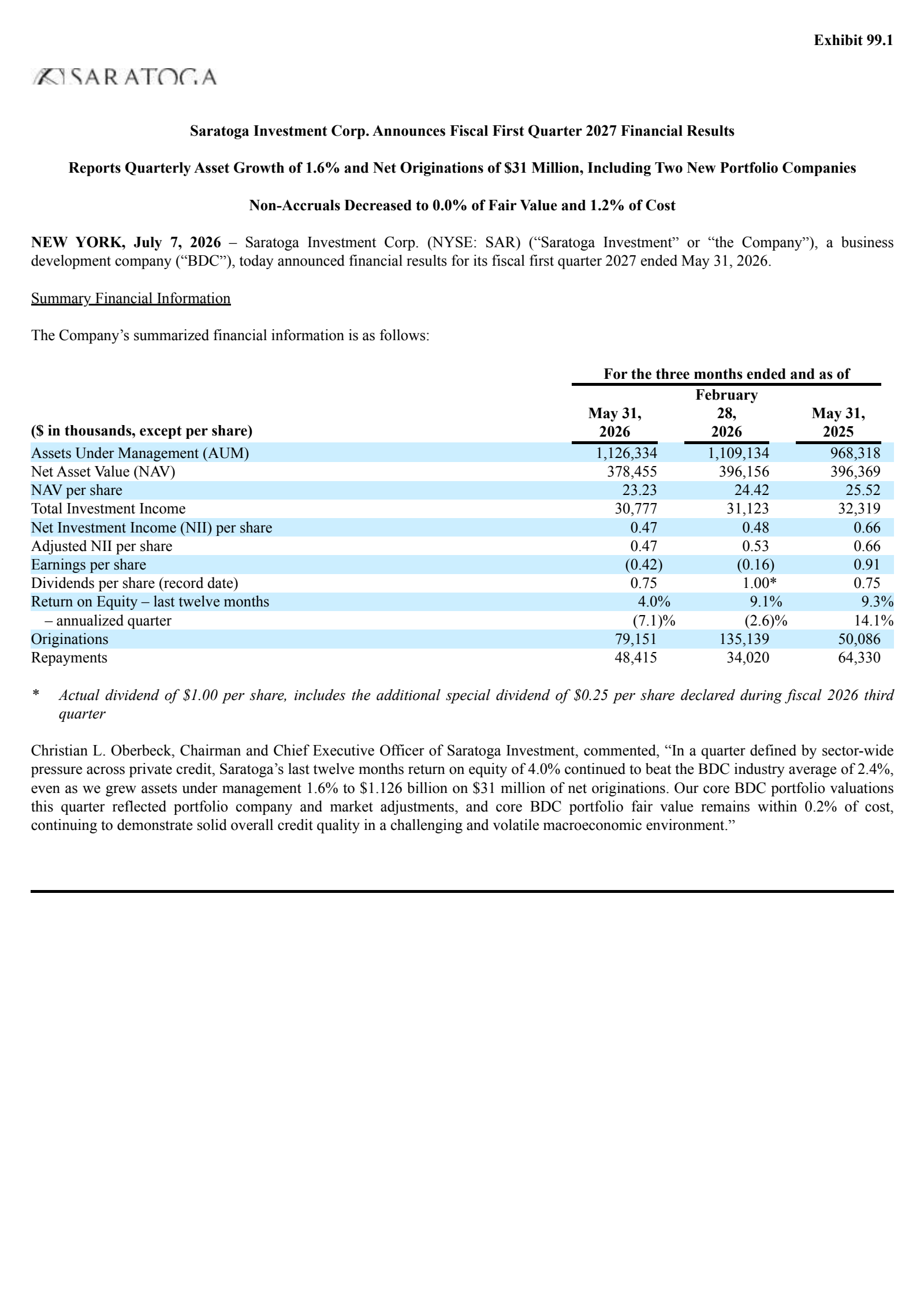 Saratoga Investment's Q1 2027 Press Release