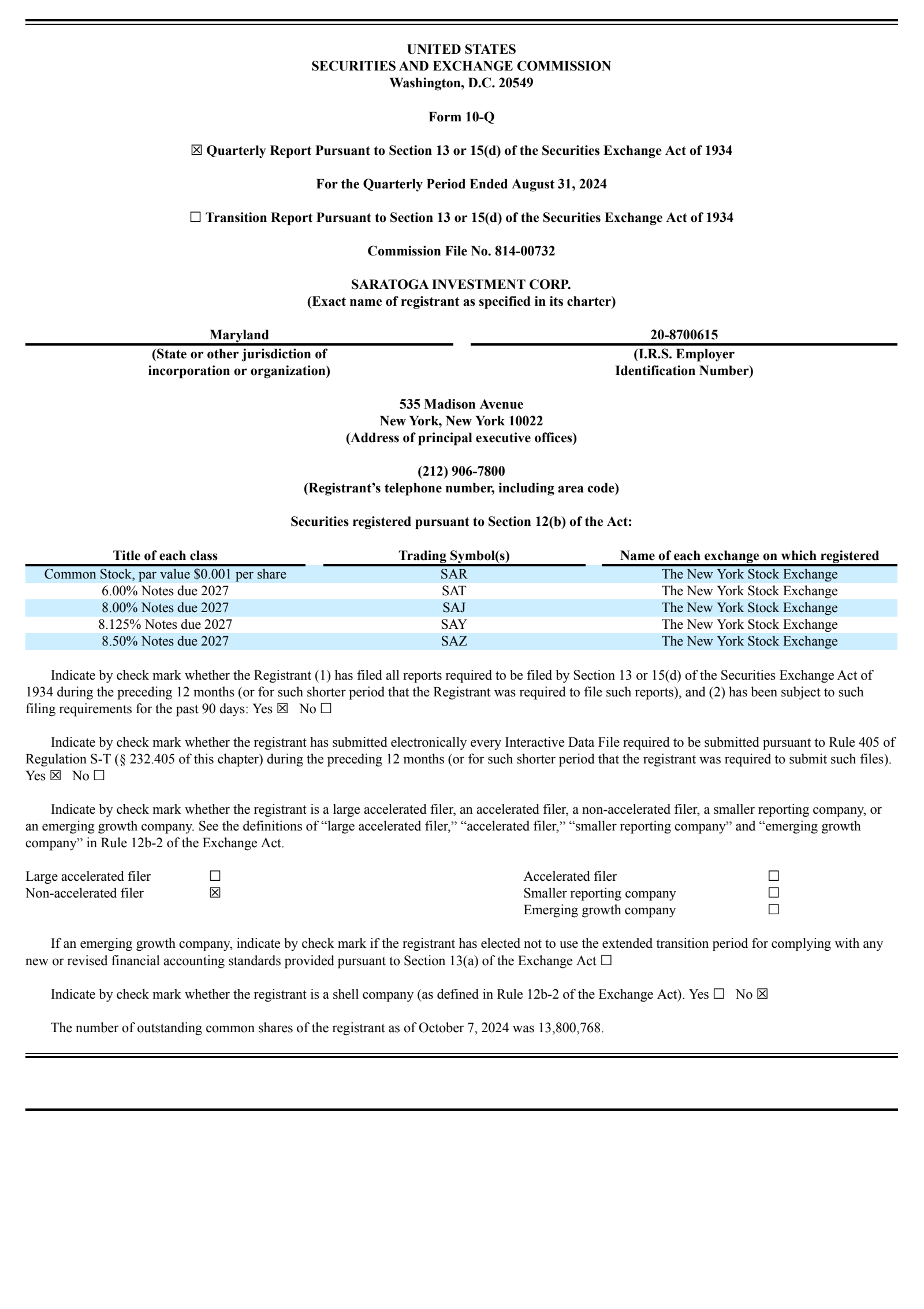 Saratoga Investment's Q2 2025 Quarterly Report