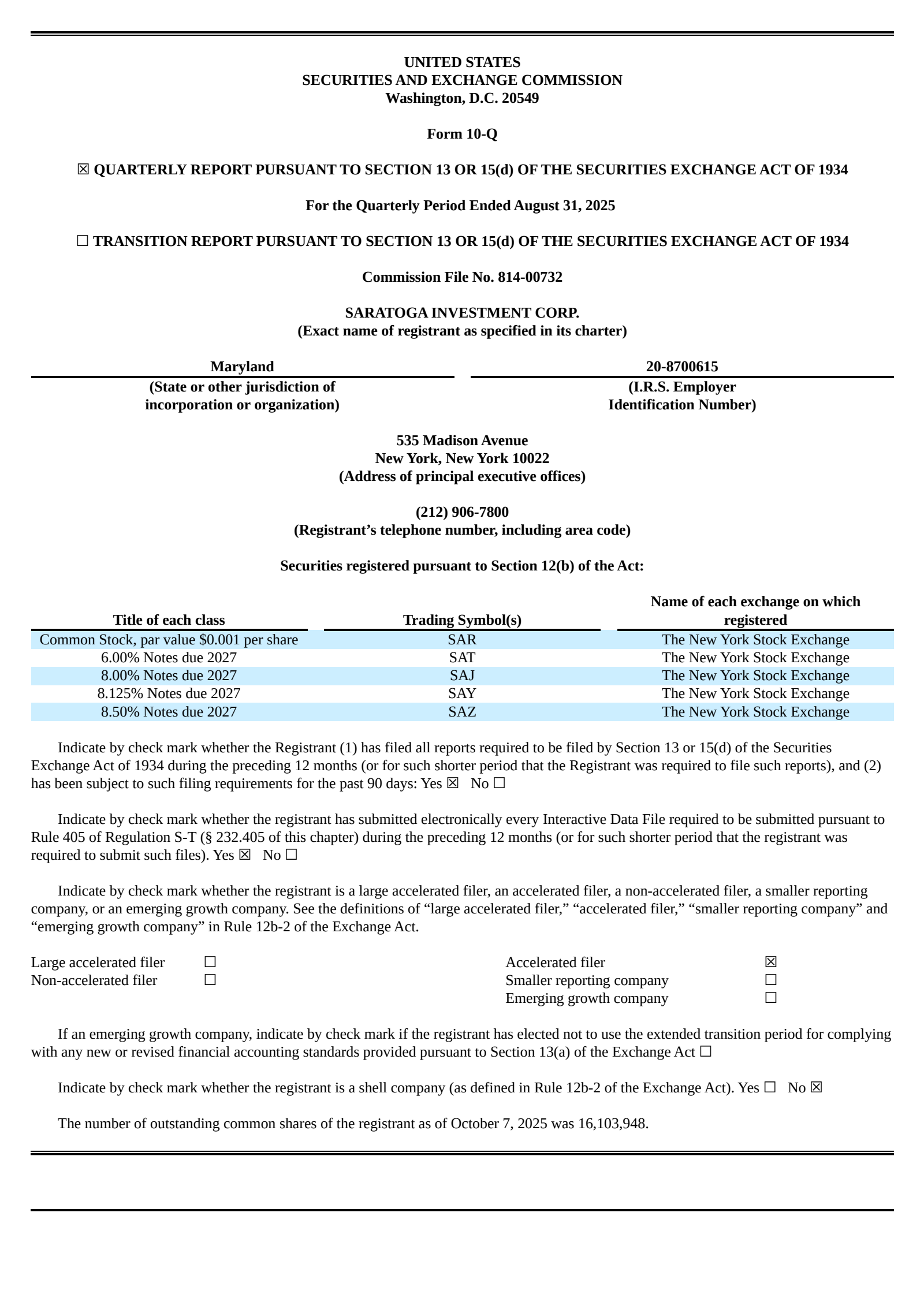 Saratoga Investment's Q2 2026 Quarterly Report