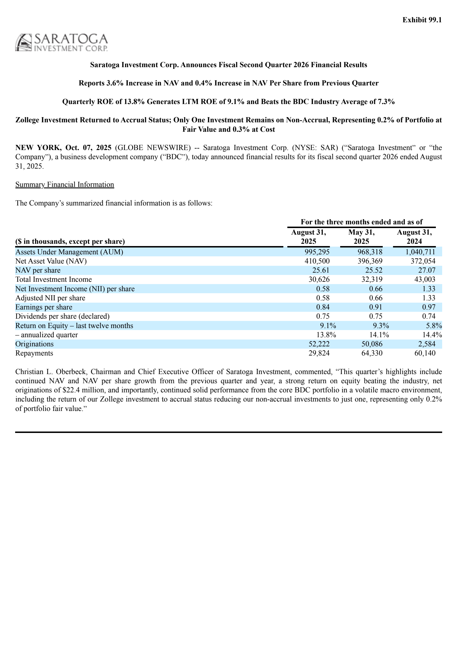 Saratoga Investment's Q2 2026 Earnings Release