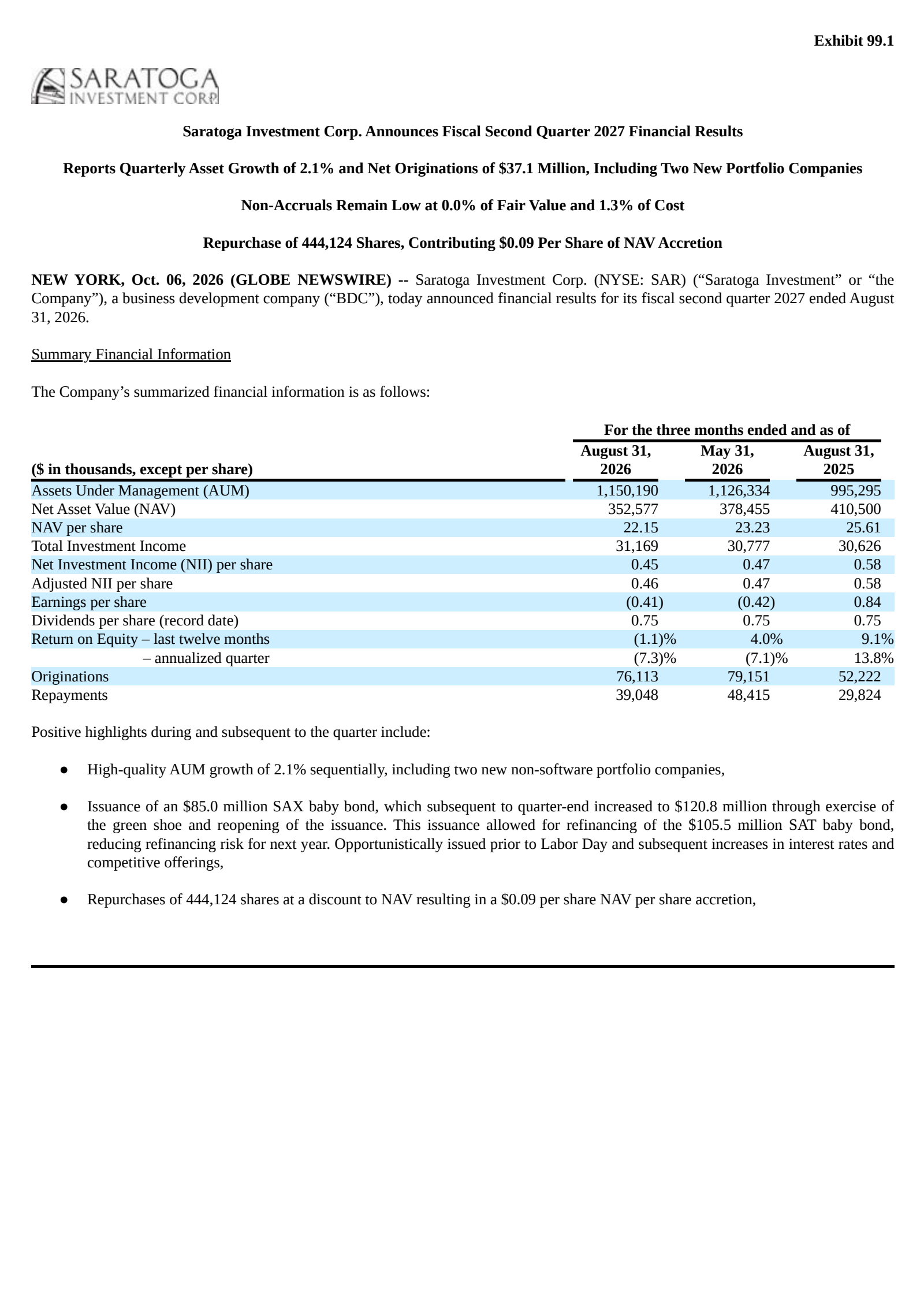Saratoga Investment's Q2 2027 Press Release