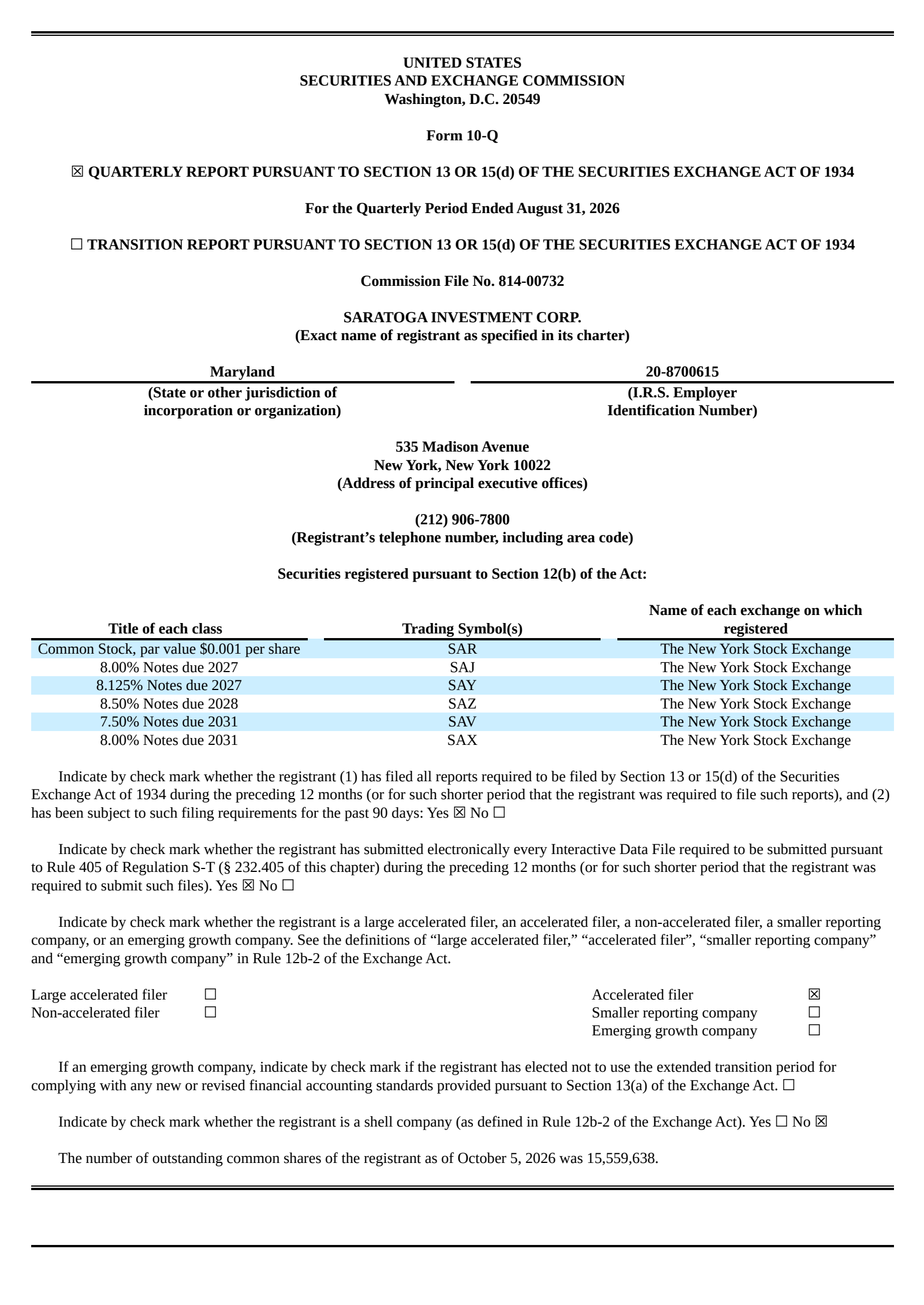 Saratoga Investment's Q2 2027 Quarterly report
