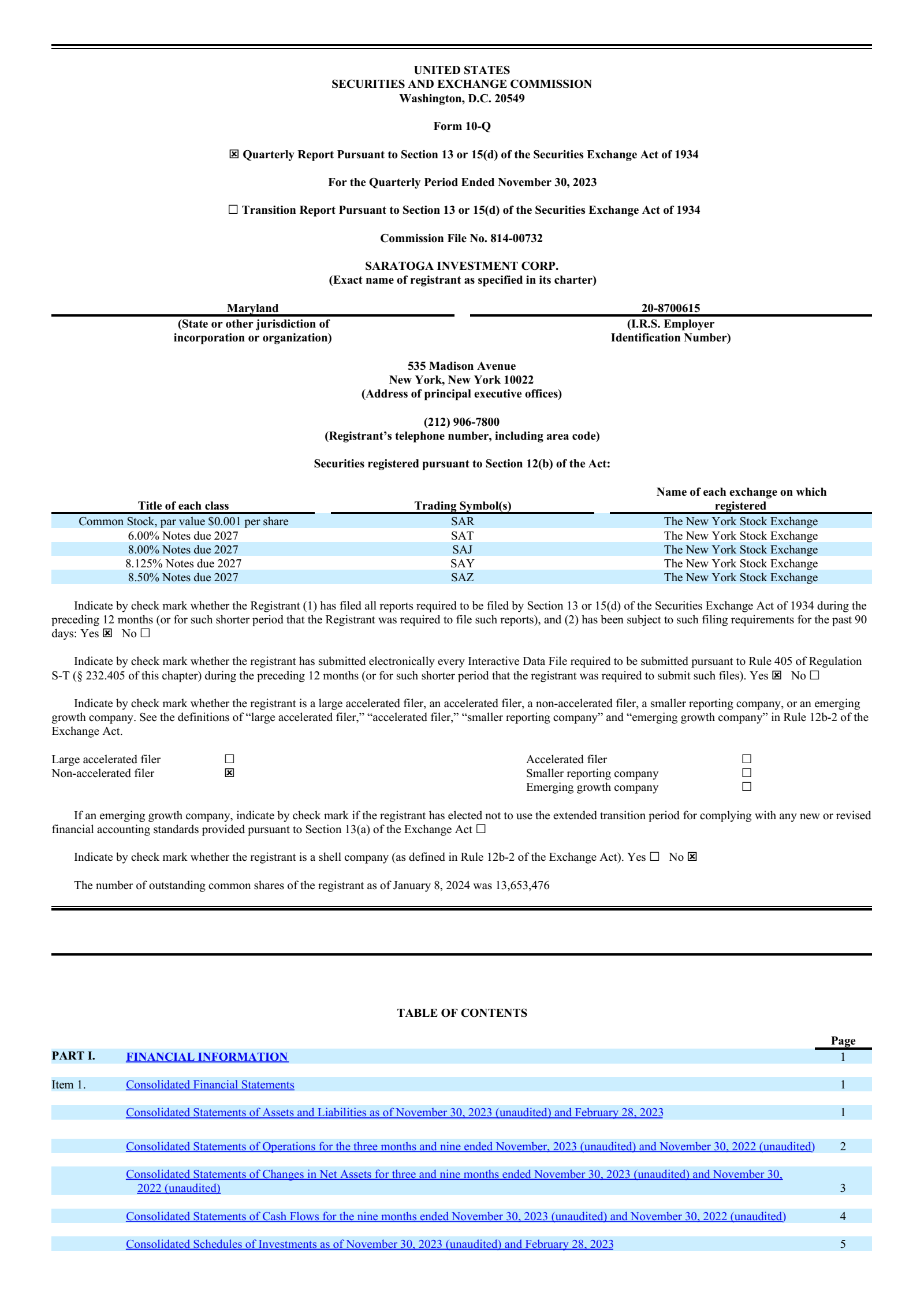 Saratoga Investment's Q3 2024 Quarterly Report