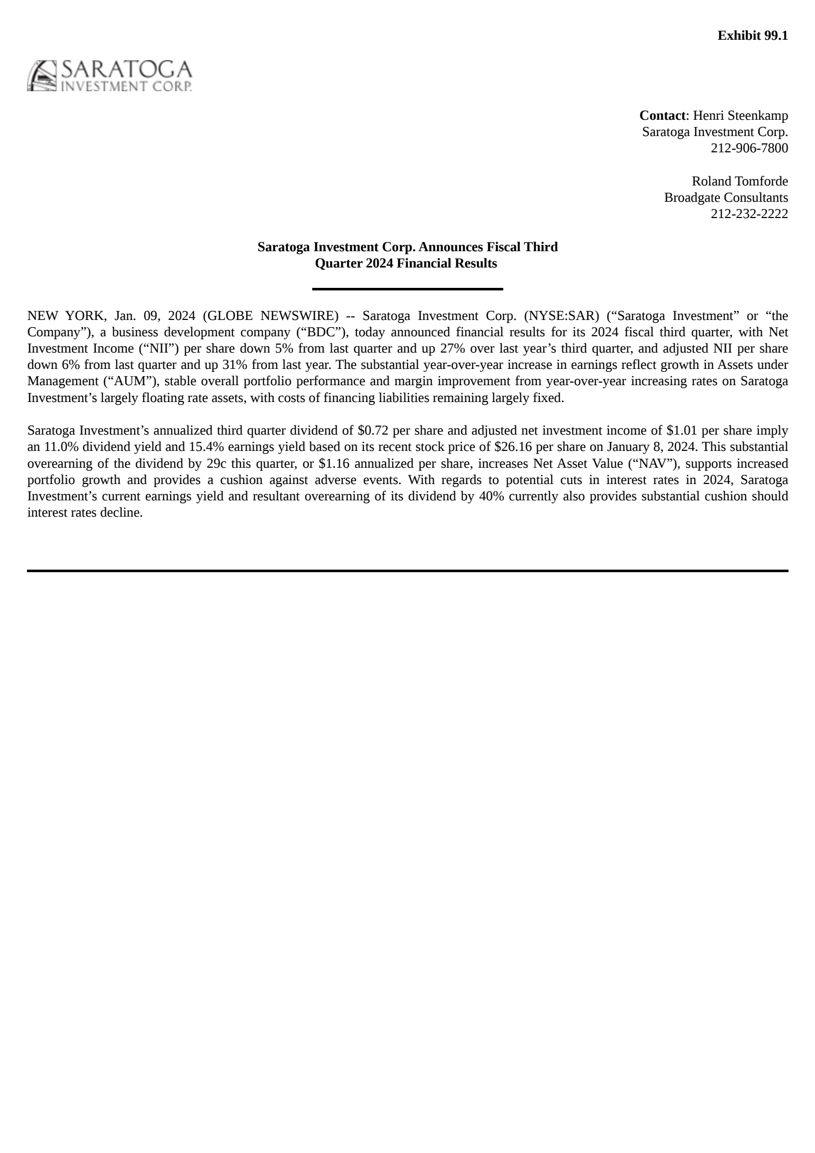 Saratoga Investment's Q3 2024 Press Release