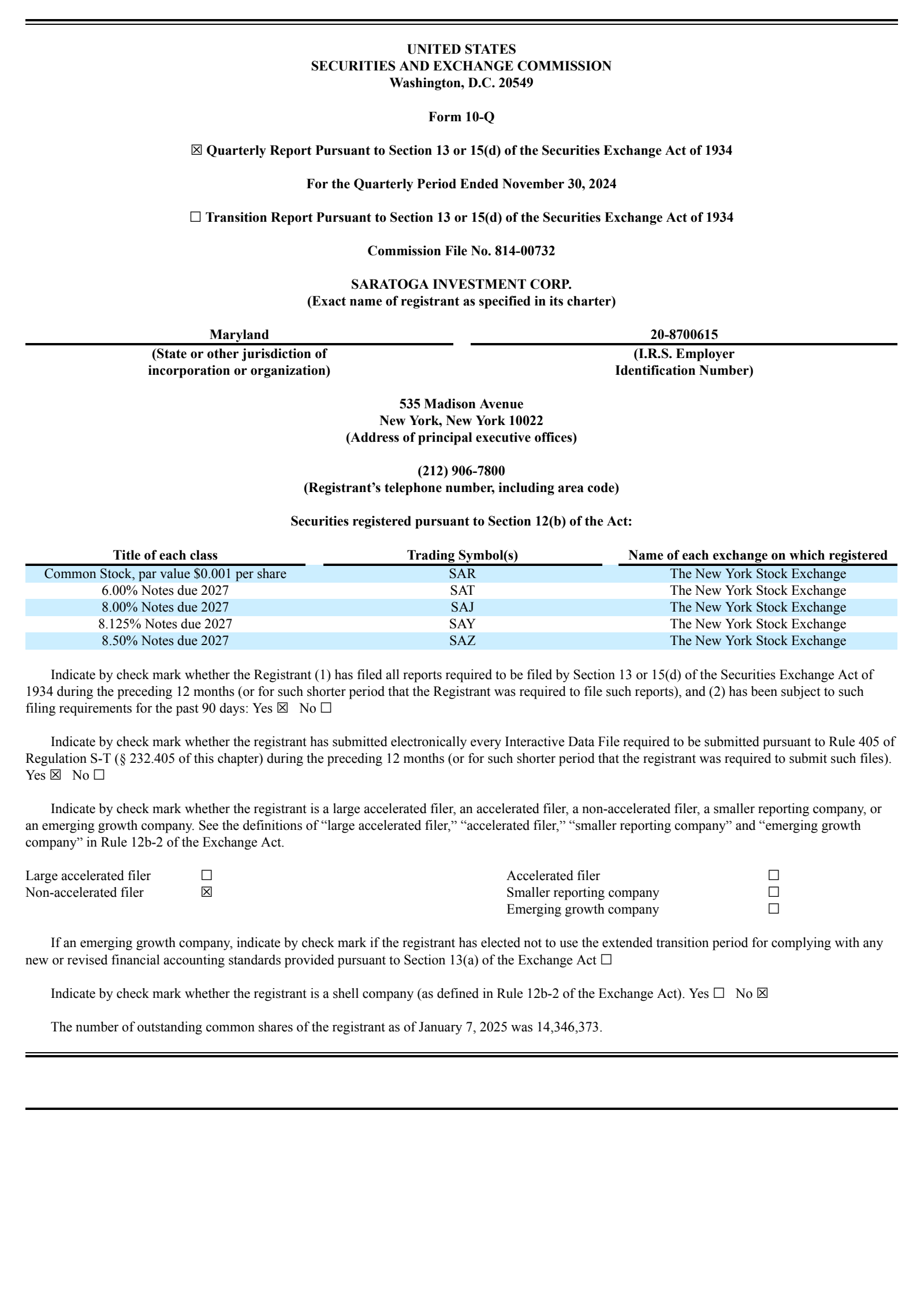 Saratoga Investment's Q3 2025 Quarterly Report