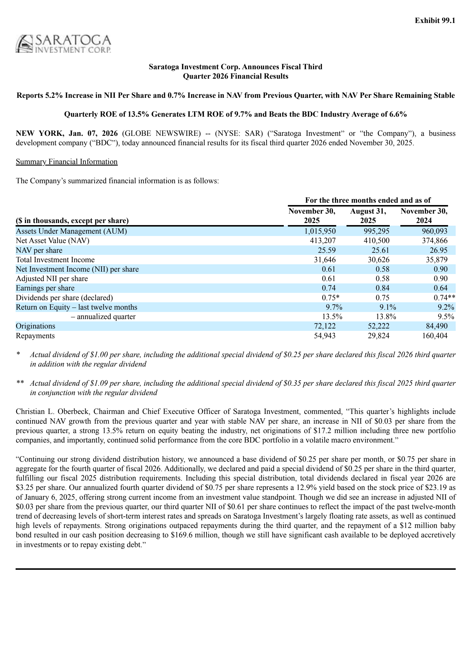 Saratoga Investment's Q3 2026 Earnings Release