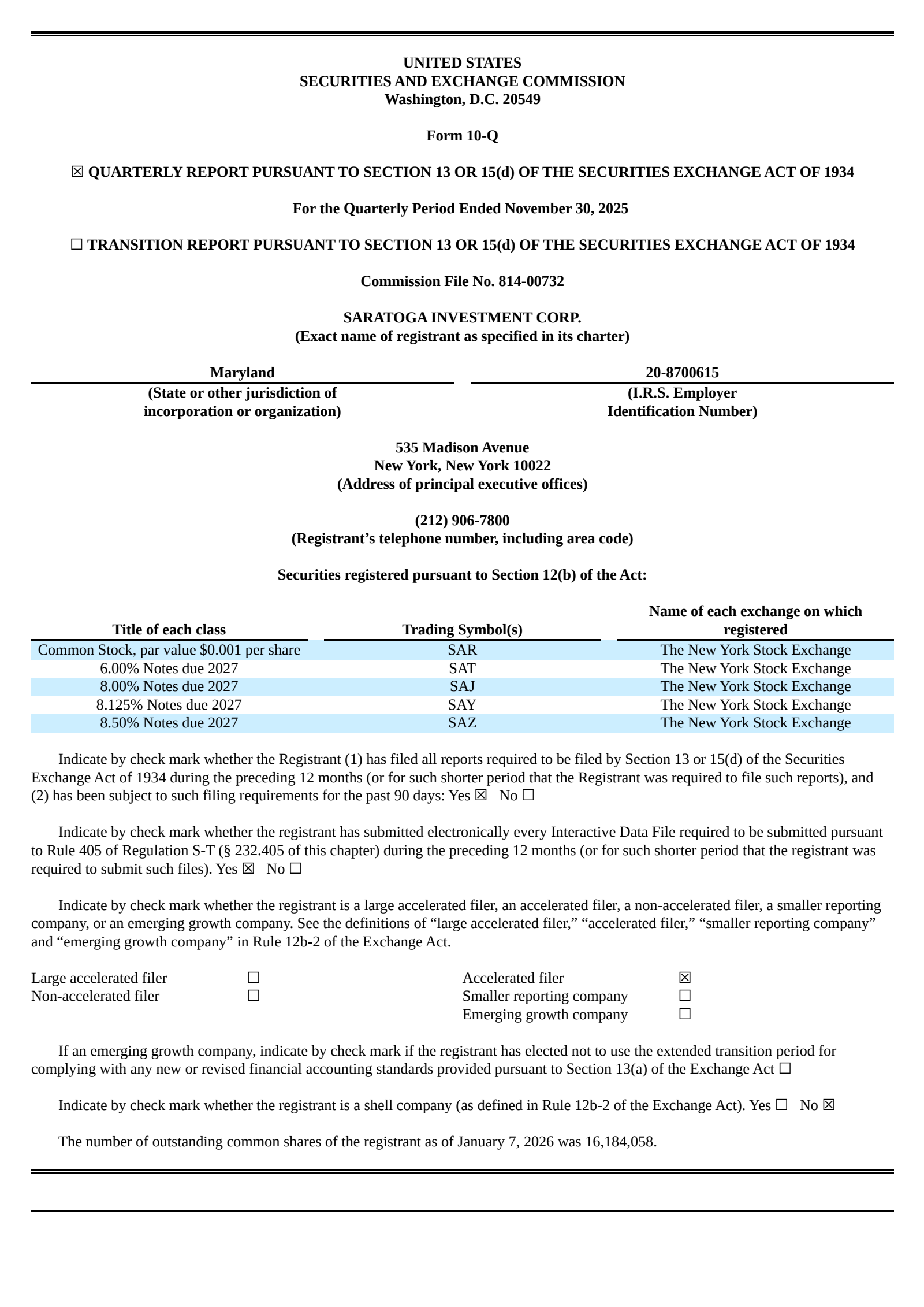 Saratoga Investment's Q3 2026 Quarterly Report