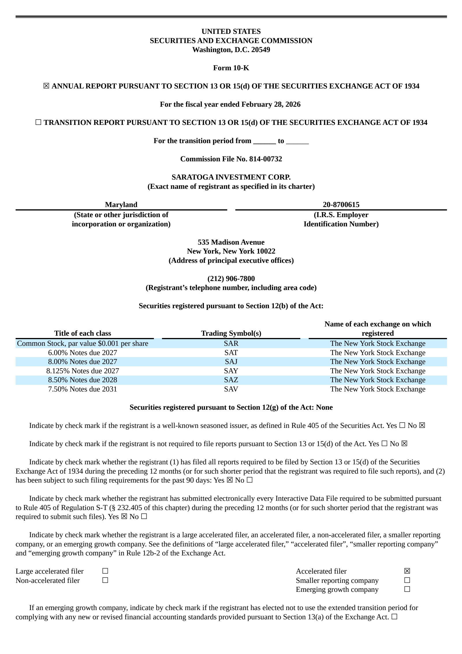 Saratoga Investment's Q4 2026 Annual report