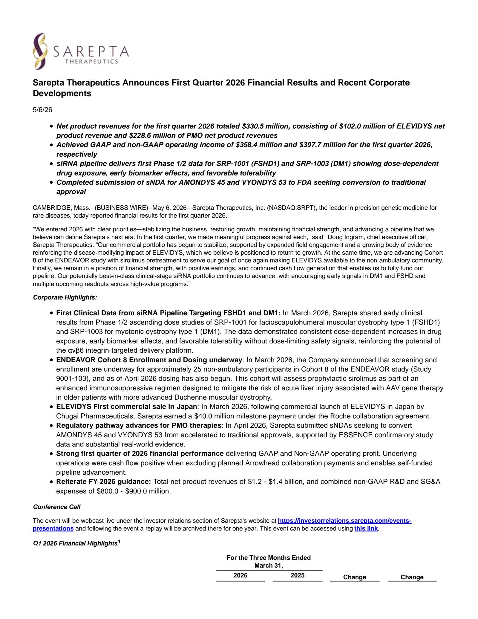 Sarepta Therapeutics' Q1 2026 Press Release