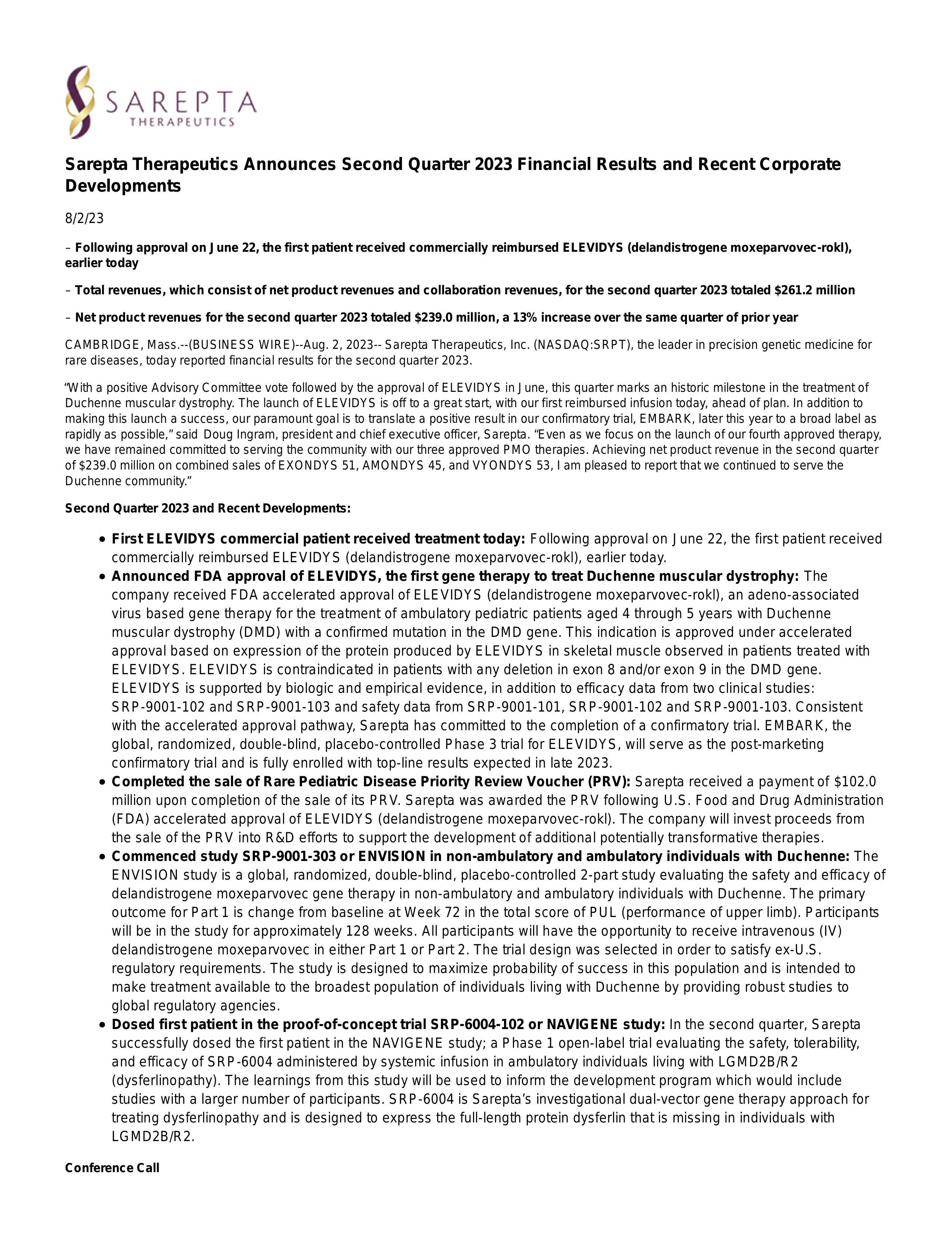 Luke Herrmann SRPT Q2 2023 Earnings Report on 8/2/2023