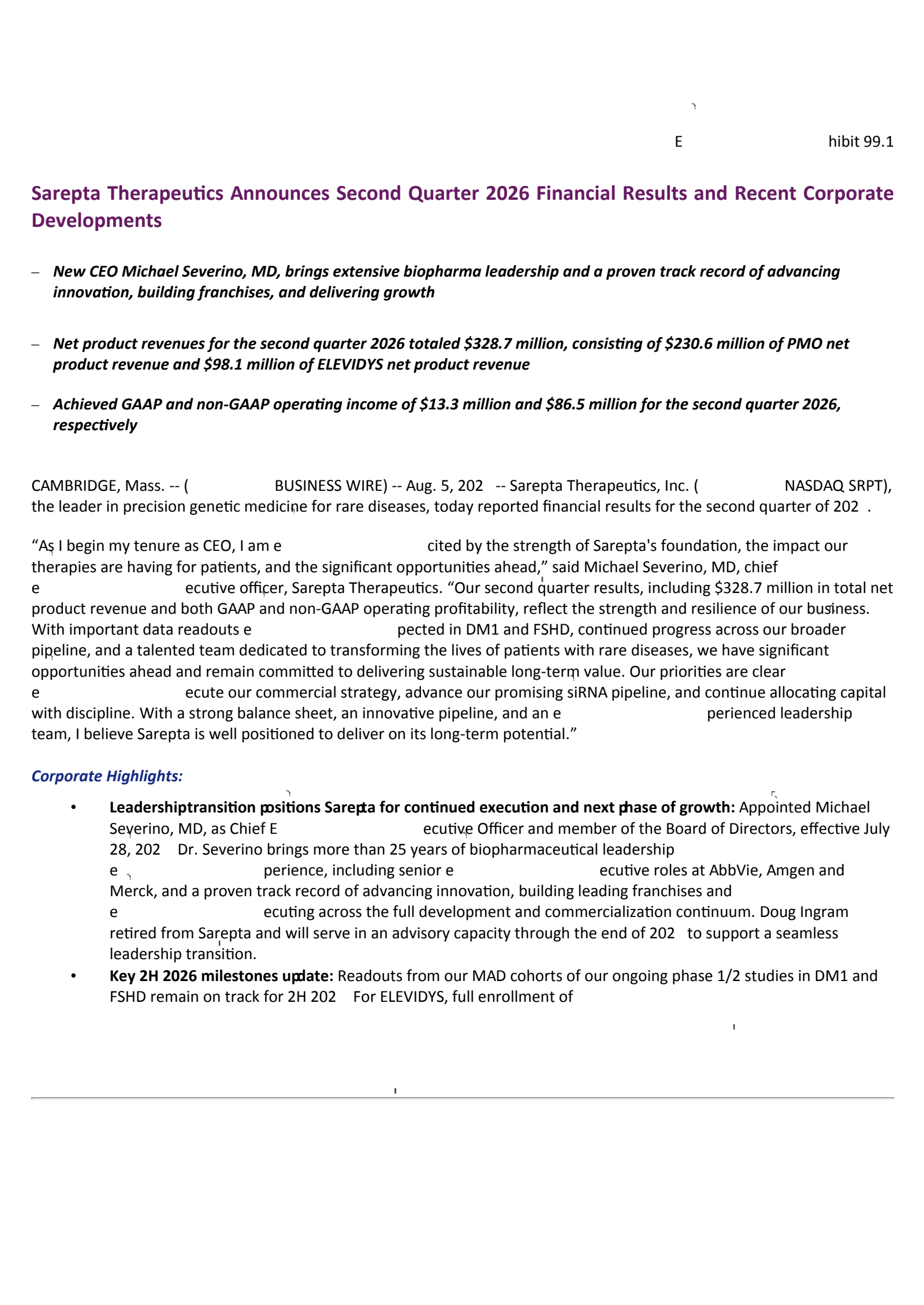 Sarepta Therapeutics' Q2 2026 Press Release
