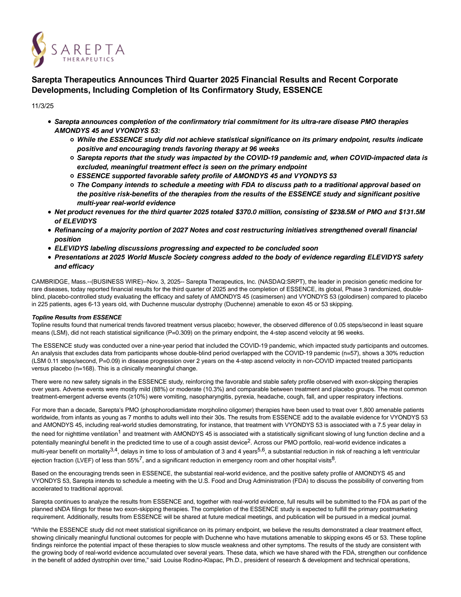 Sarepta Therapeutics' Q3 2025 Earnings Release