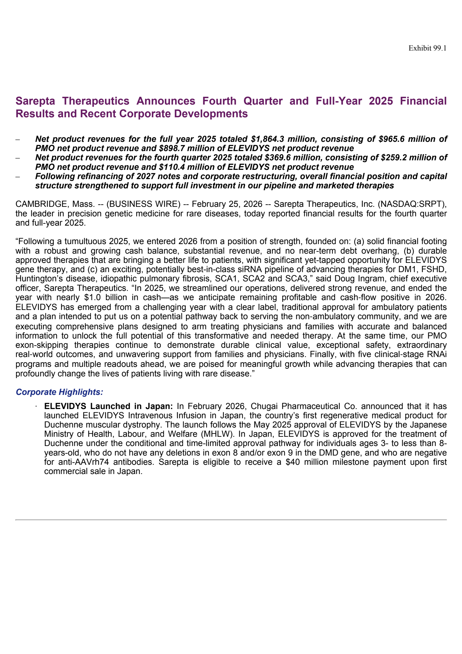 Sarepta Therapeutics' Q4 2025 Press Release